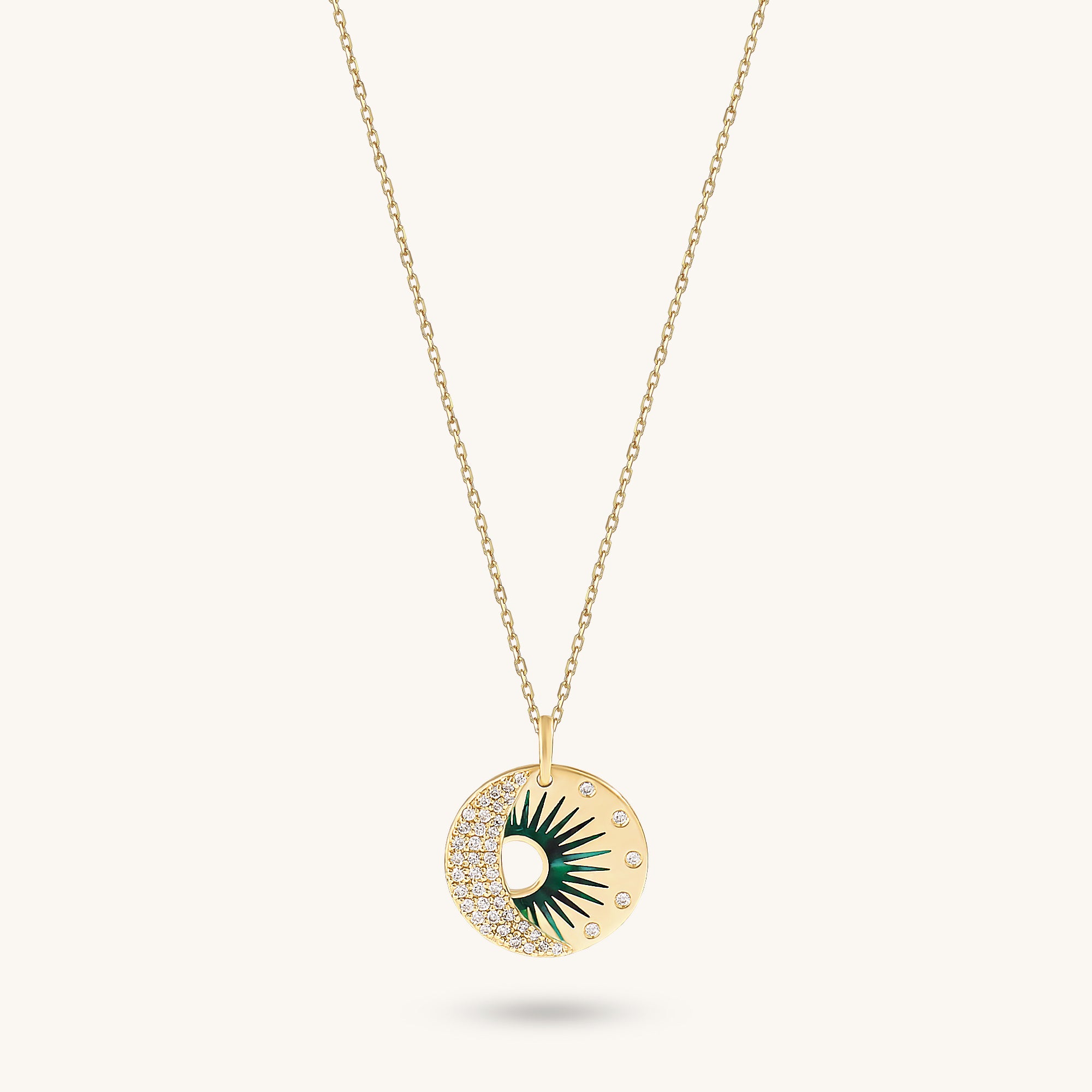 Paved Moon and Green Sun Coin Necklace in 14K Real Gold