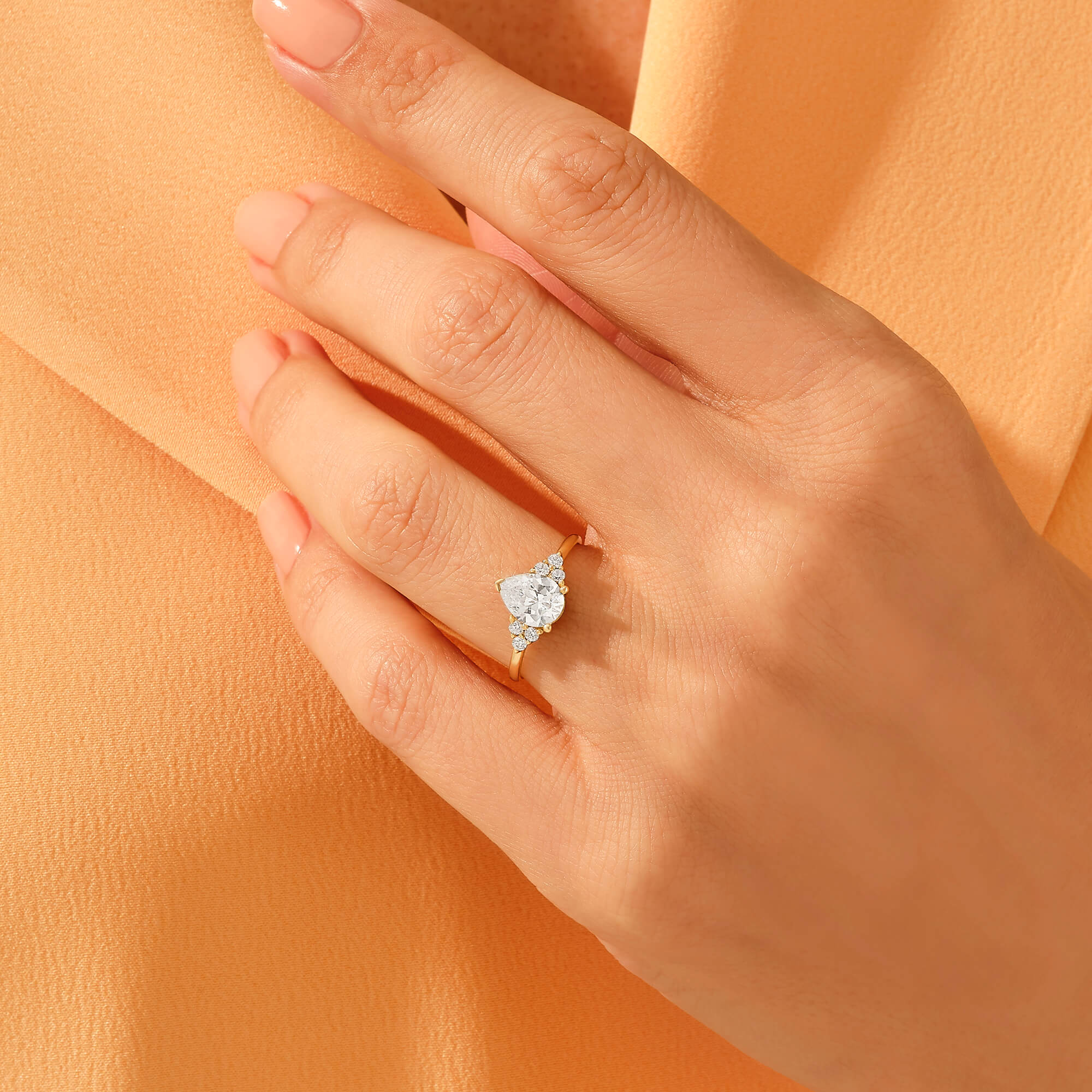 14K Solid Real Pear-Cut CZ Diamond Engagement Ring