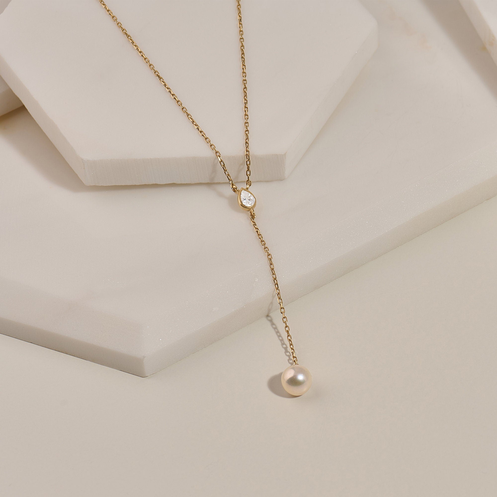 14K Solid Yellow Gold Pearl Drop Necklace