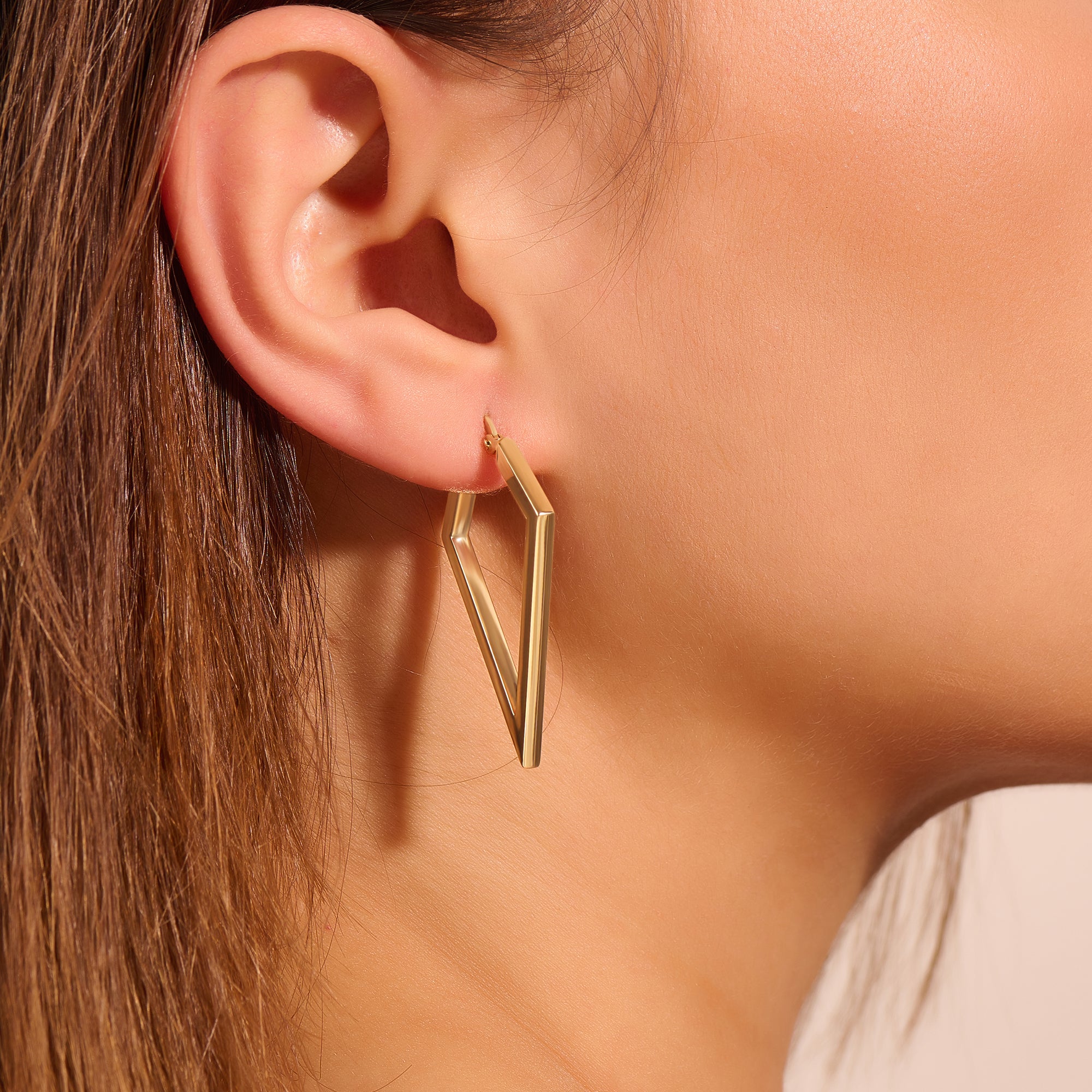 Women's 14K Real Yellow Gold Geometric Pyramid Earrings