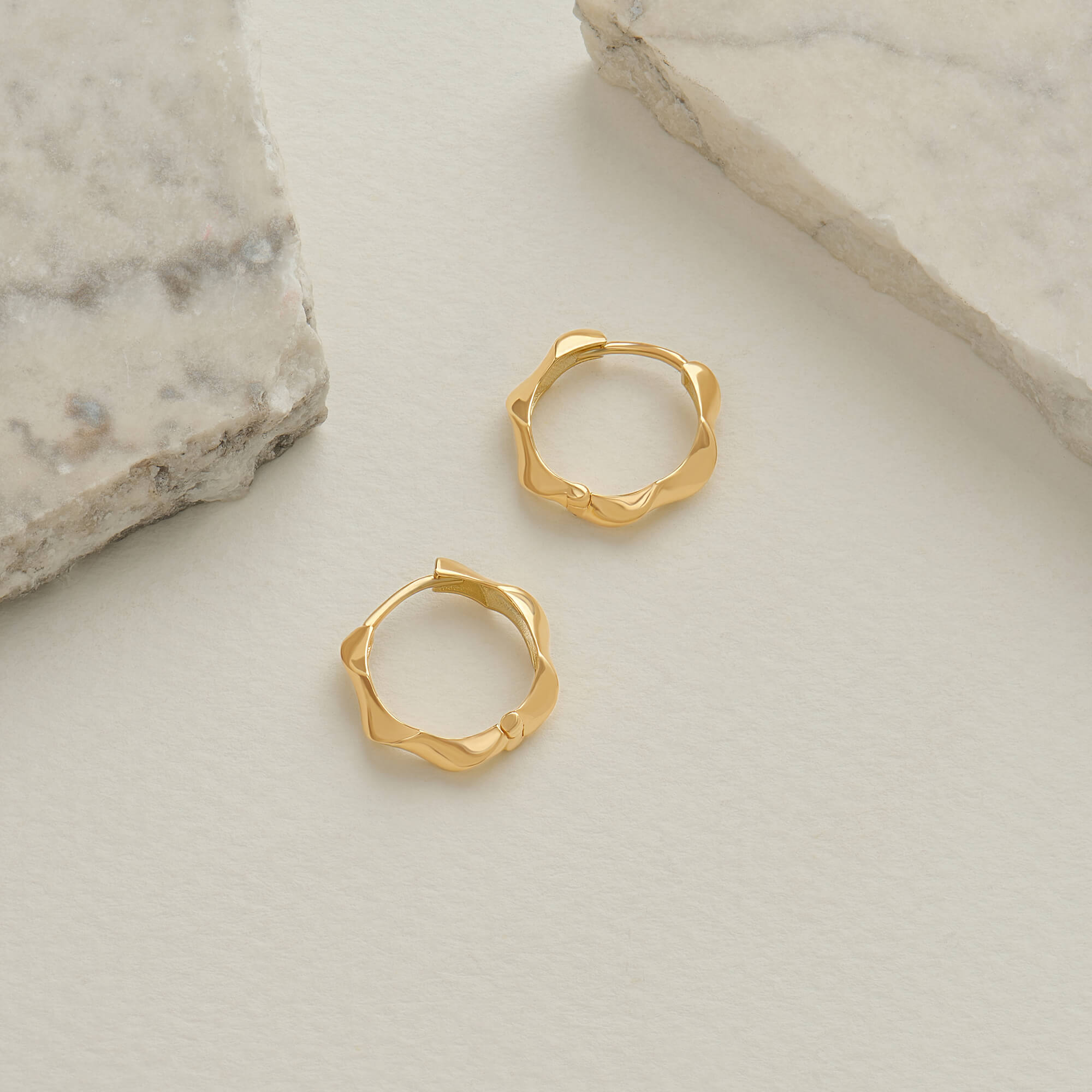 Ripple Hoop Earrings in 14K Real Yellow Gold