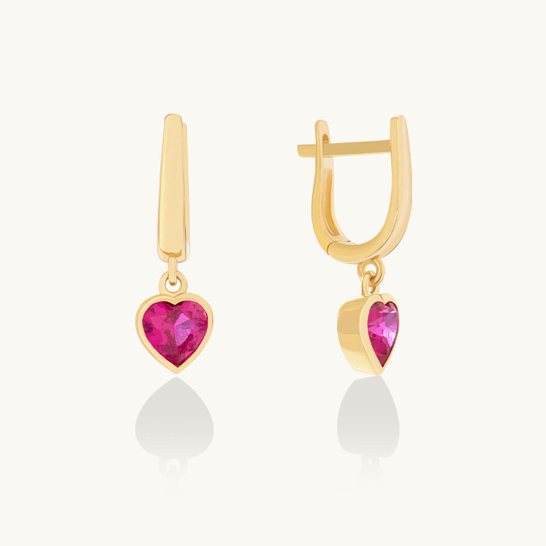 Ruby Heart Huggie Earrings in Solid Gold