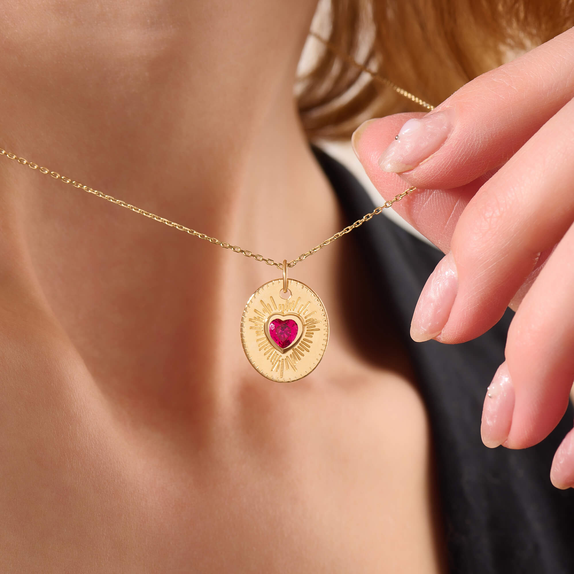 Women's Ruby Heart Sunburst Necklace in 14K Solid Gold