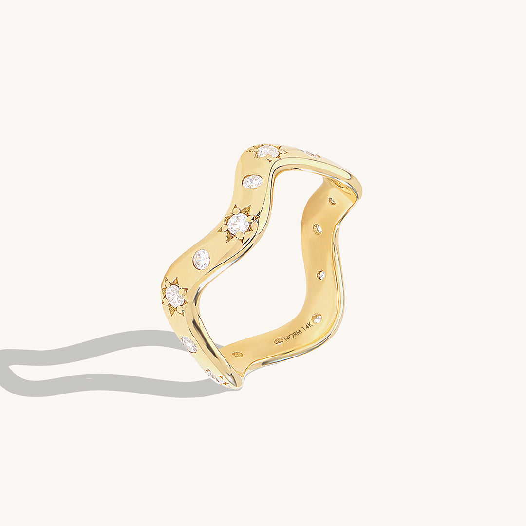 14K Solid Gold Star Pave Wave Ring