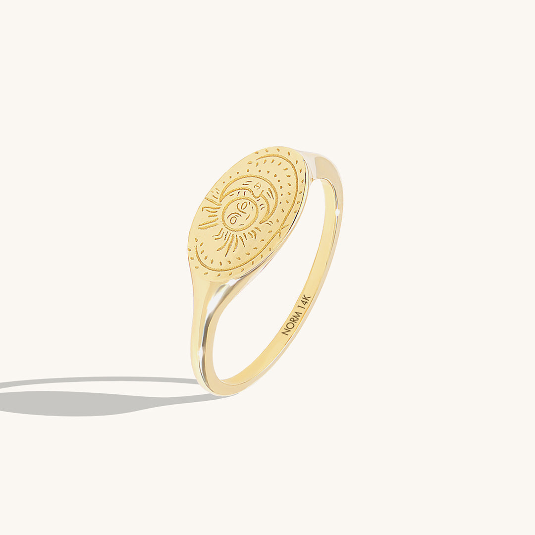 Women's 14K Real Gold Sun & Moon Carved Signet Ring