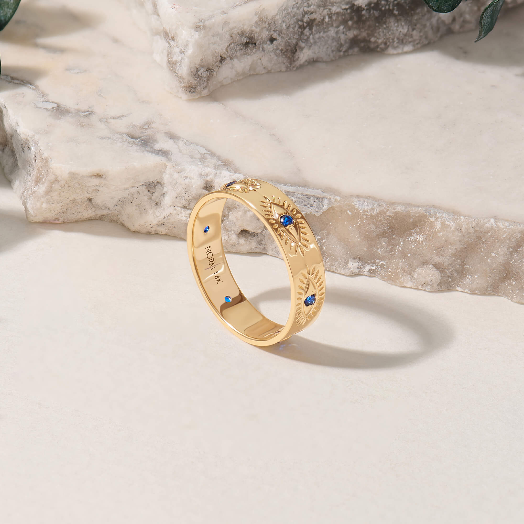 Sapphire Evil Eye Band Ring in 14K Real Yellow Gold