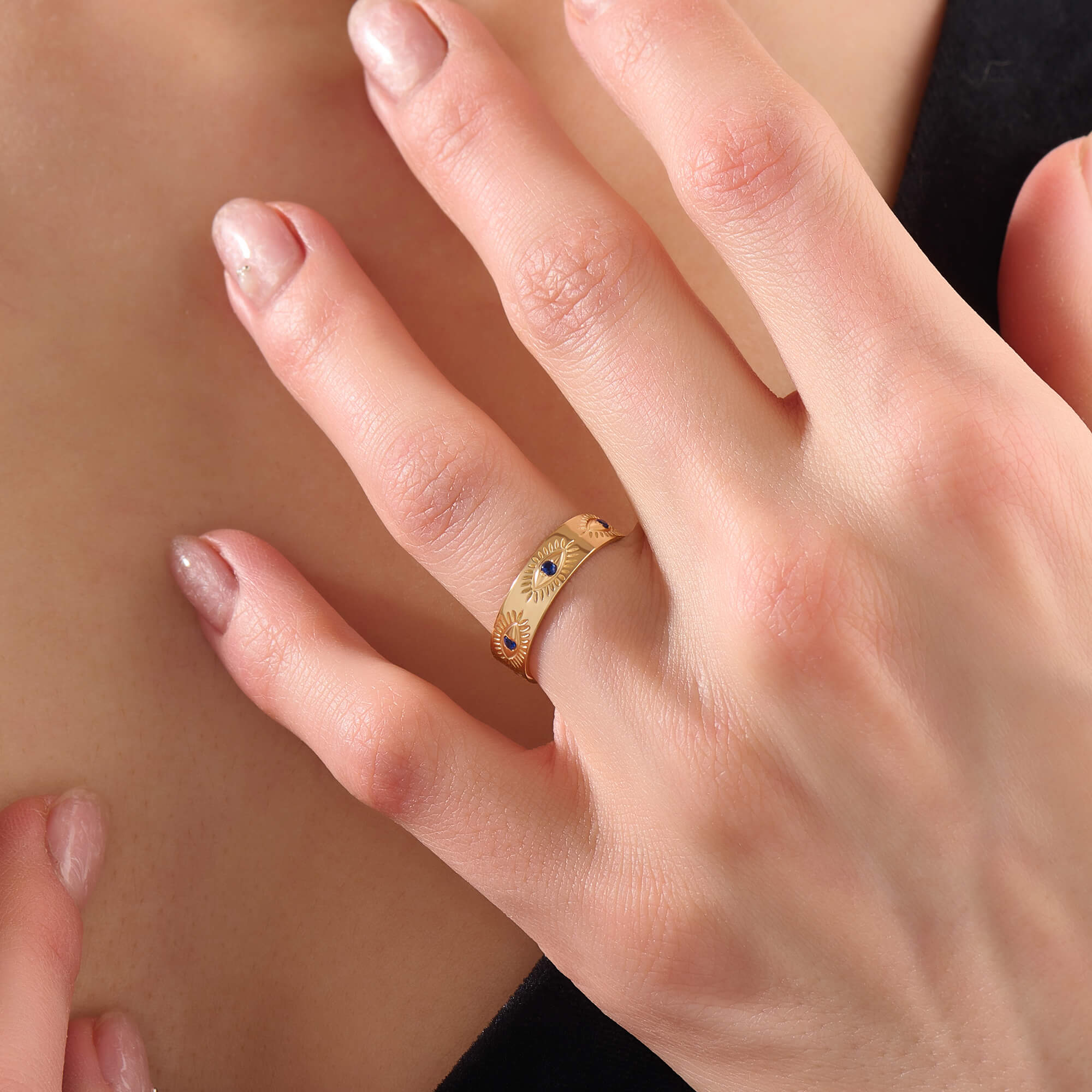 Women's Sapphire Evil Eye Band Ring in 14K Real Yellow Gold