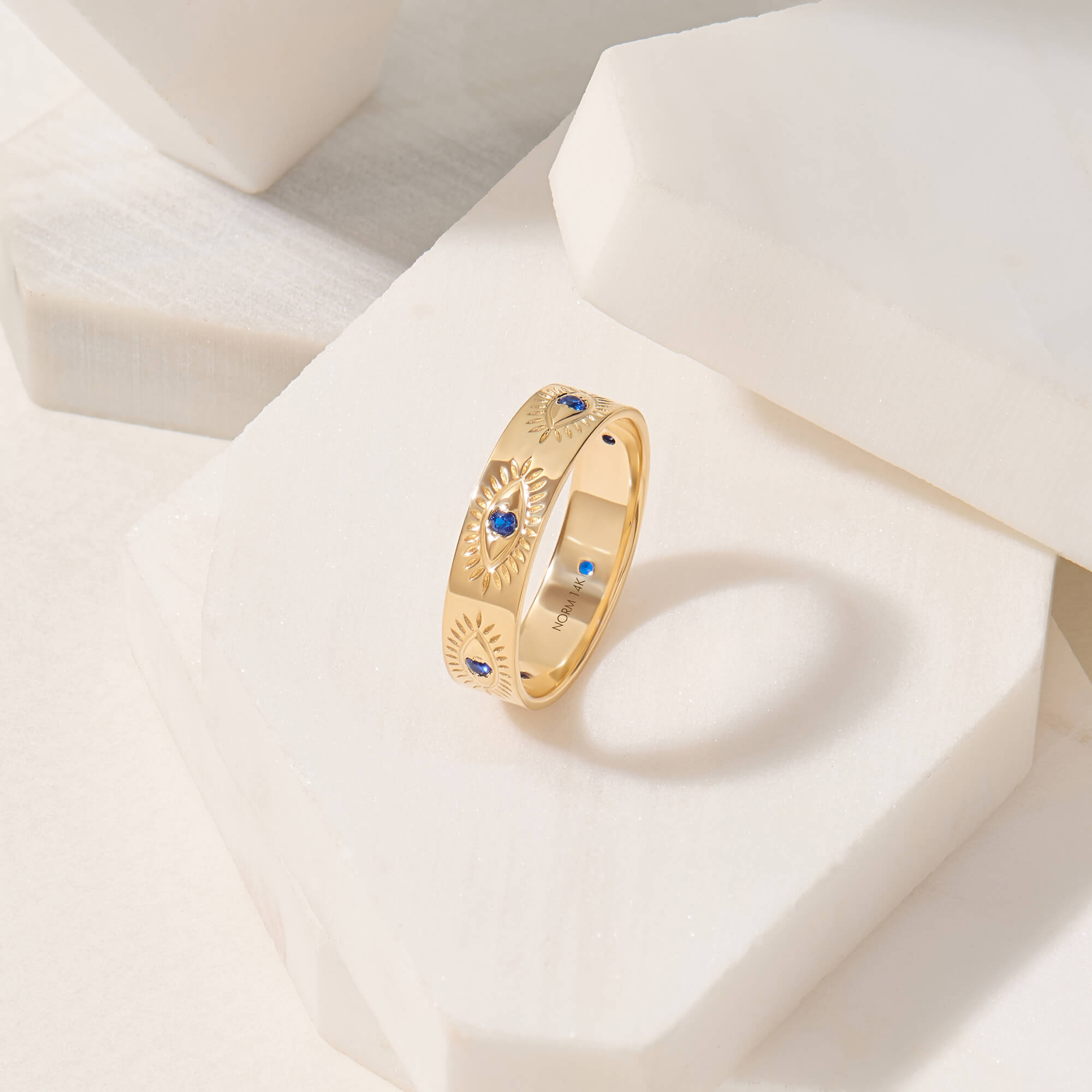 Evil Eye Band Ring in 14K Solid Gold with Sapphire Stones