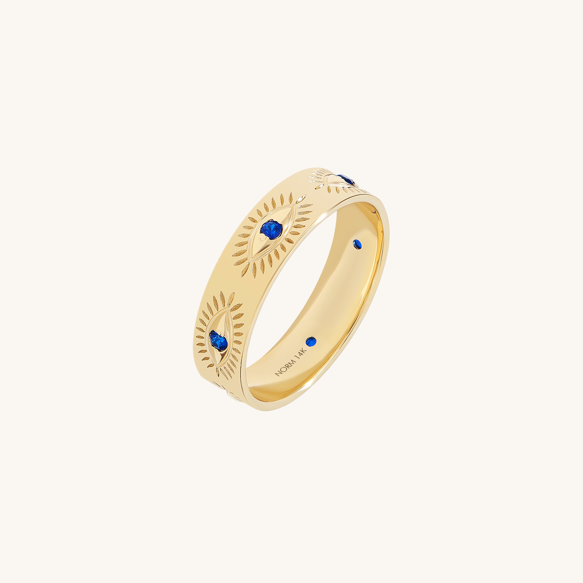Evil Eye Band Ring in 14K Real Yellow Gold with Sapphire