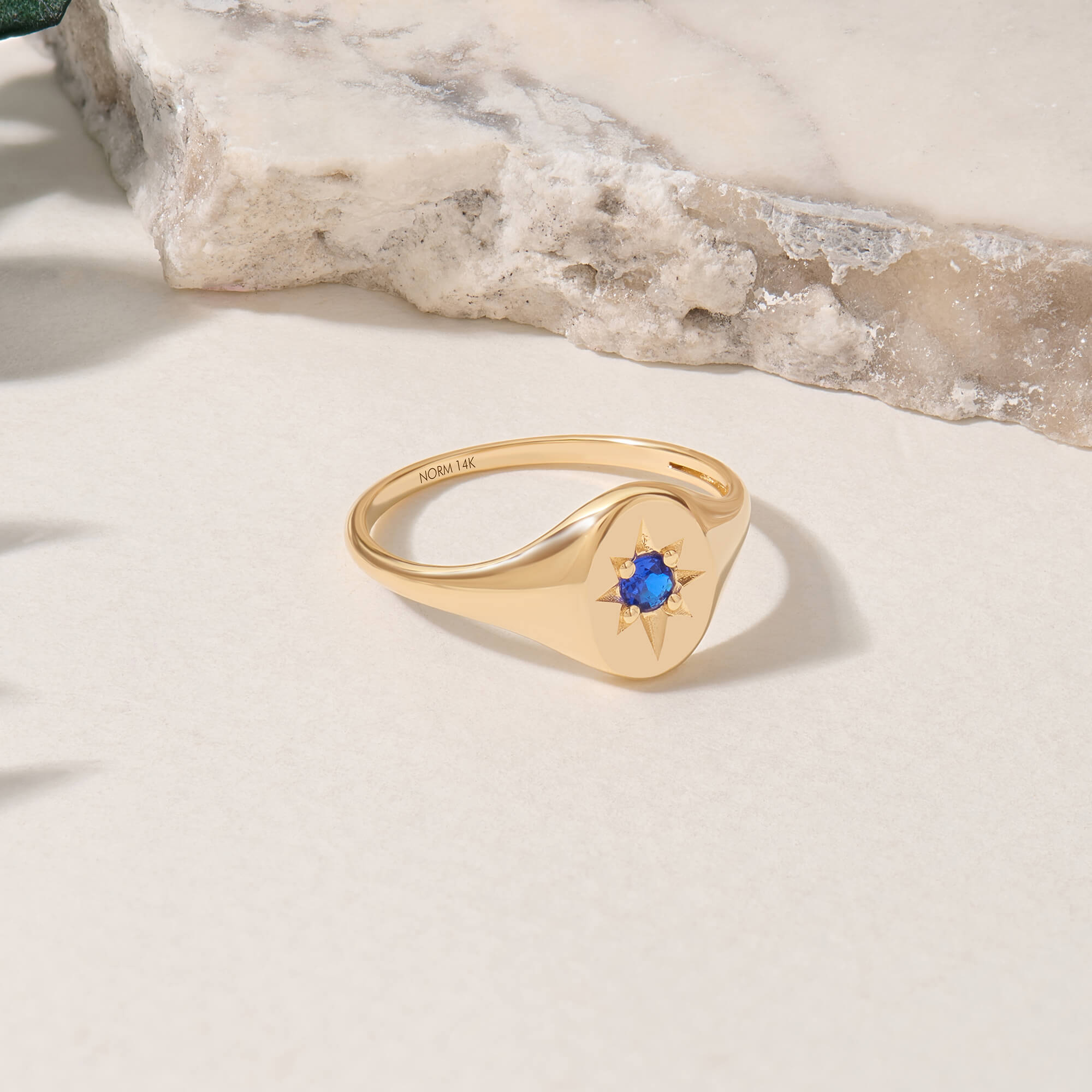 Sapphire North Star Signet Ring in 14K Real Yellow Gold