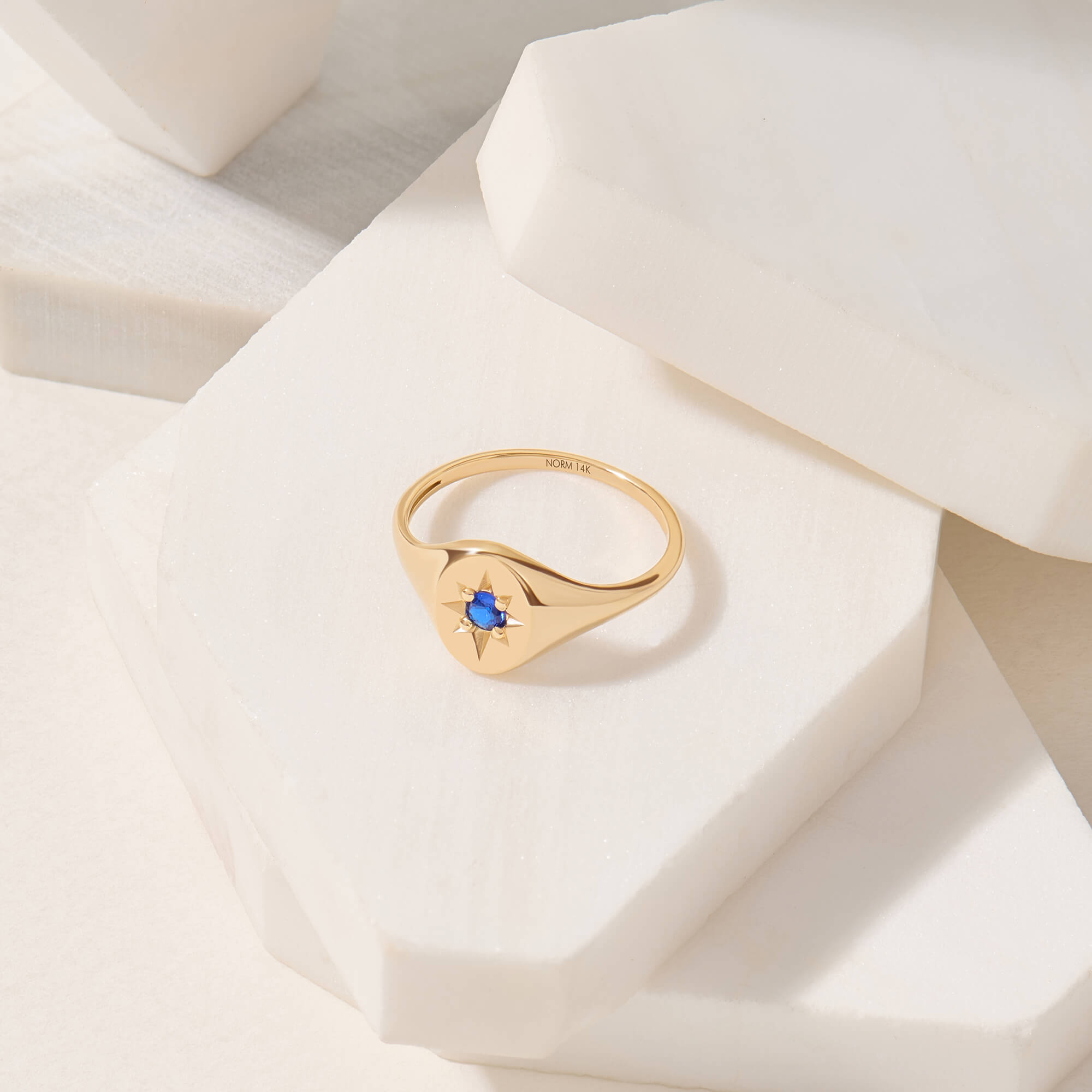 North Star Signet Ring in 14K Real Gold with Sapphire