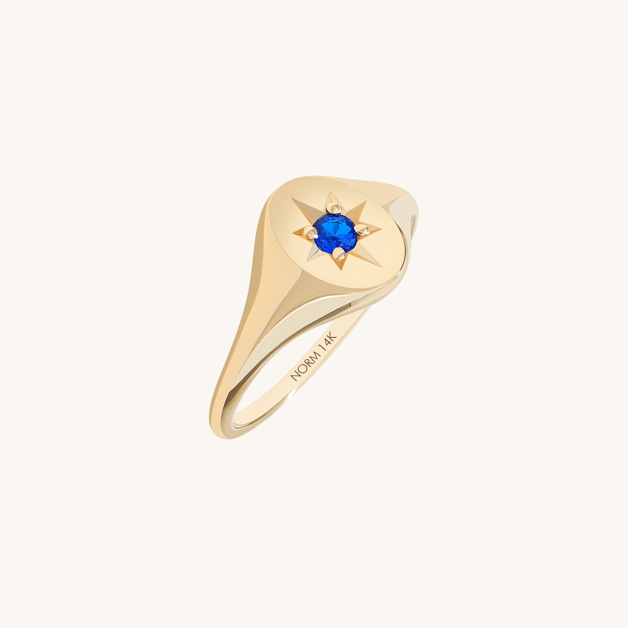 North Star Signet Ring in 14K Solid Yellow Gold with Sapphire
