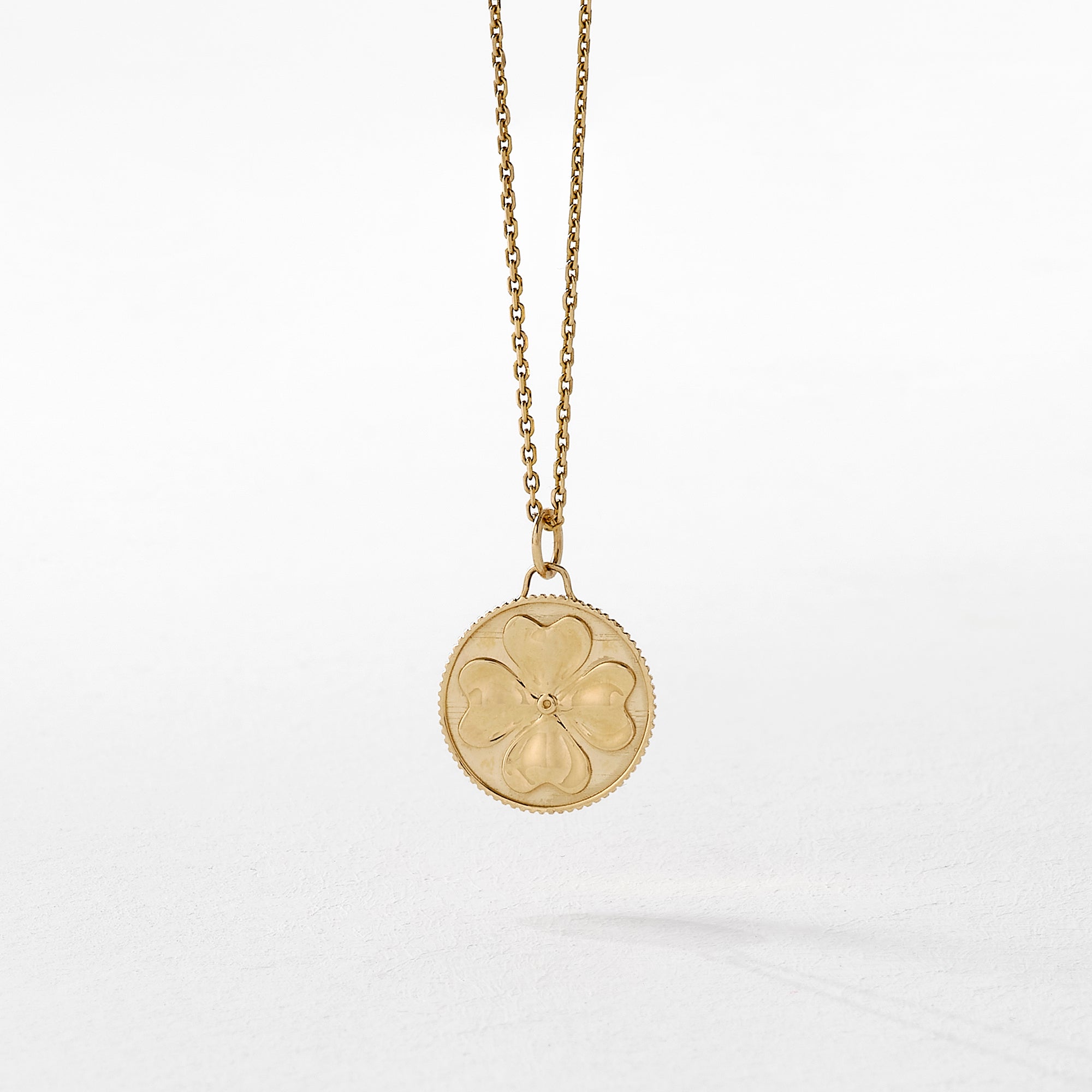 14K Real Yellow Gold Four Leaf Clower Coin Pendant Necklace