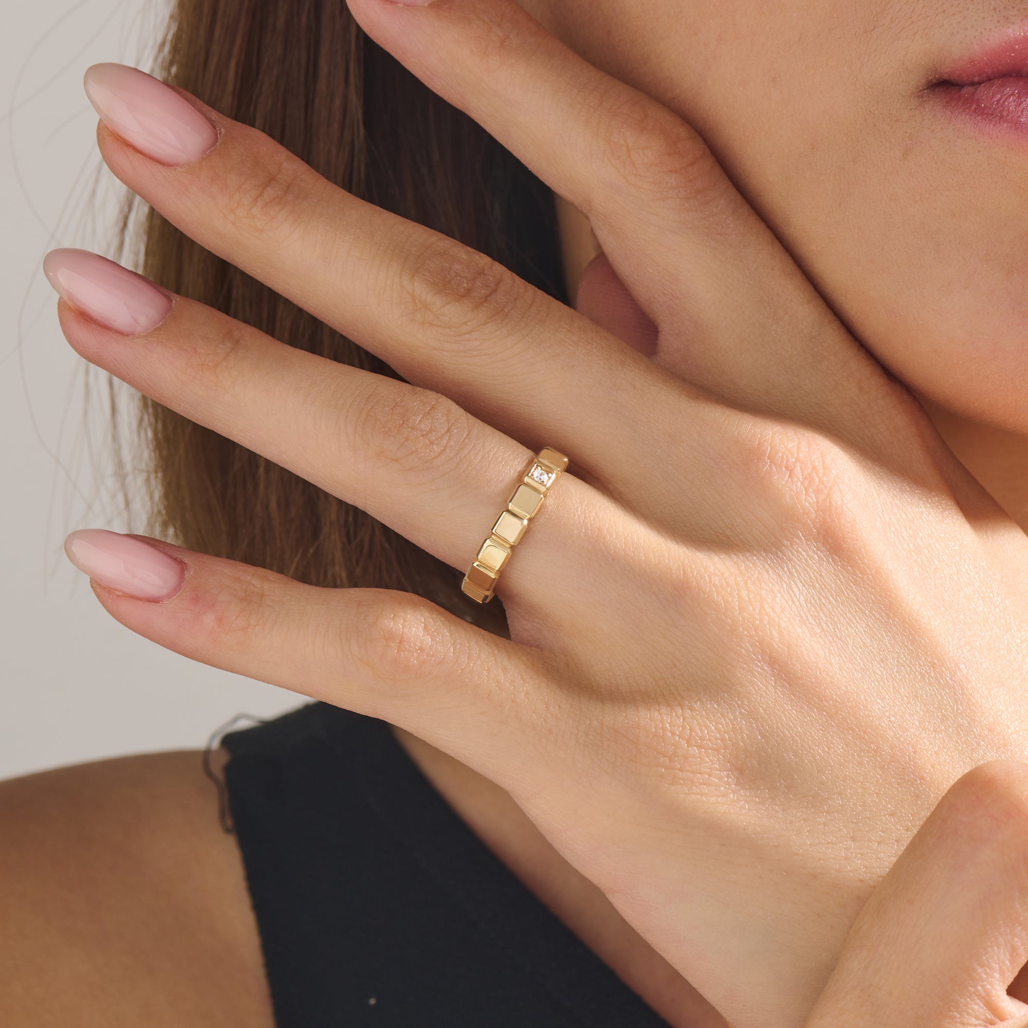 14K Real Gold Solitaire Cube Band Ring