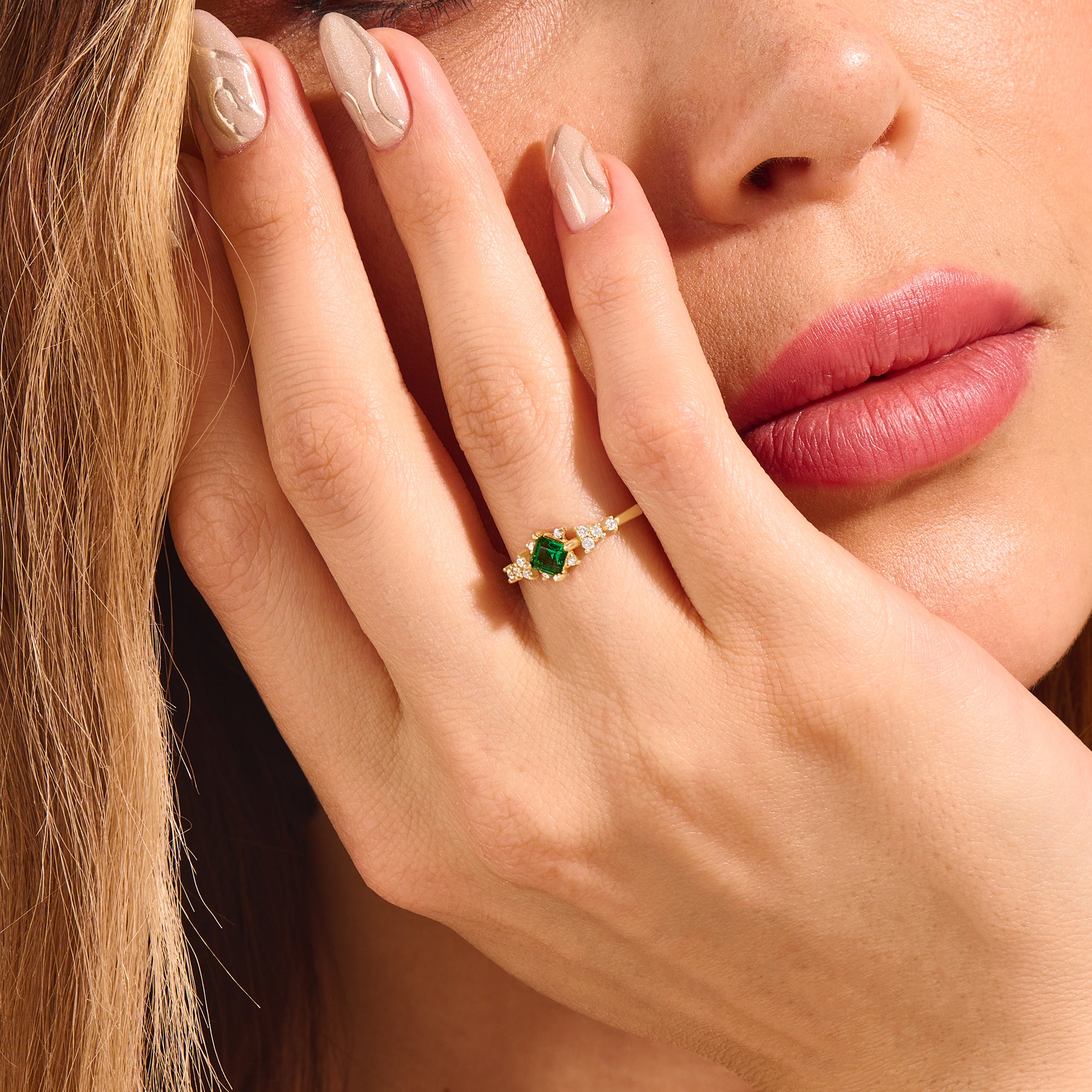 Women's Princess Cut Emerald Promise Ring in 14k Solid Yellow Gold