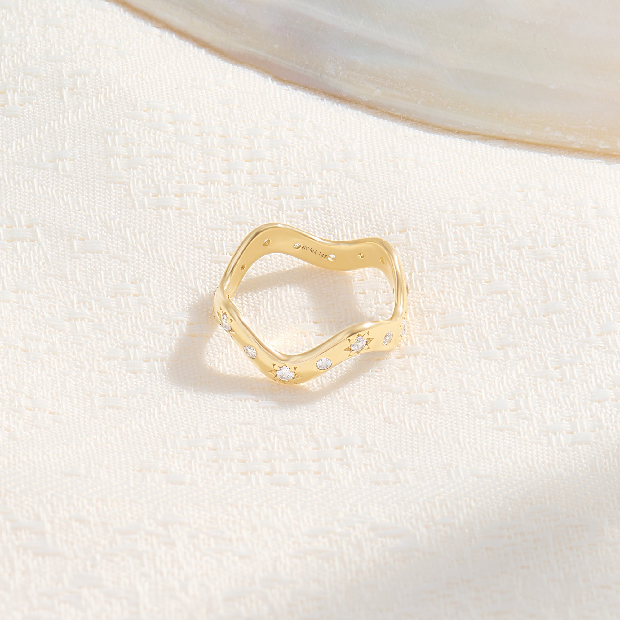 14K Real Yellow Gold Star Pave Wave Ring