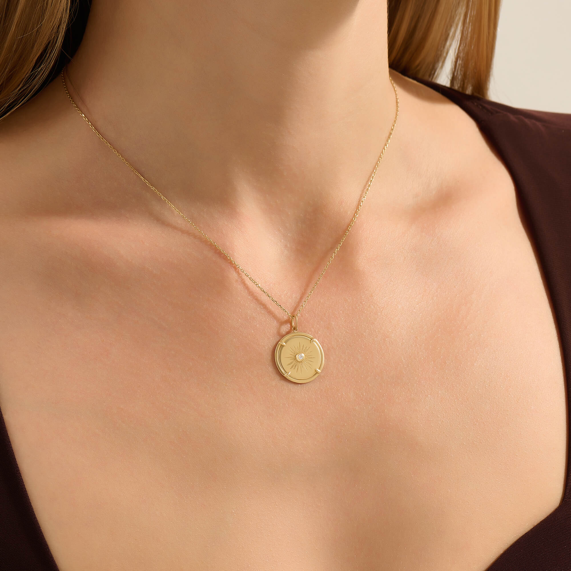 Women's Starburst Pattern Diamond Coin Necklace in Yellow Solid Gold