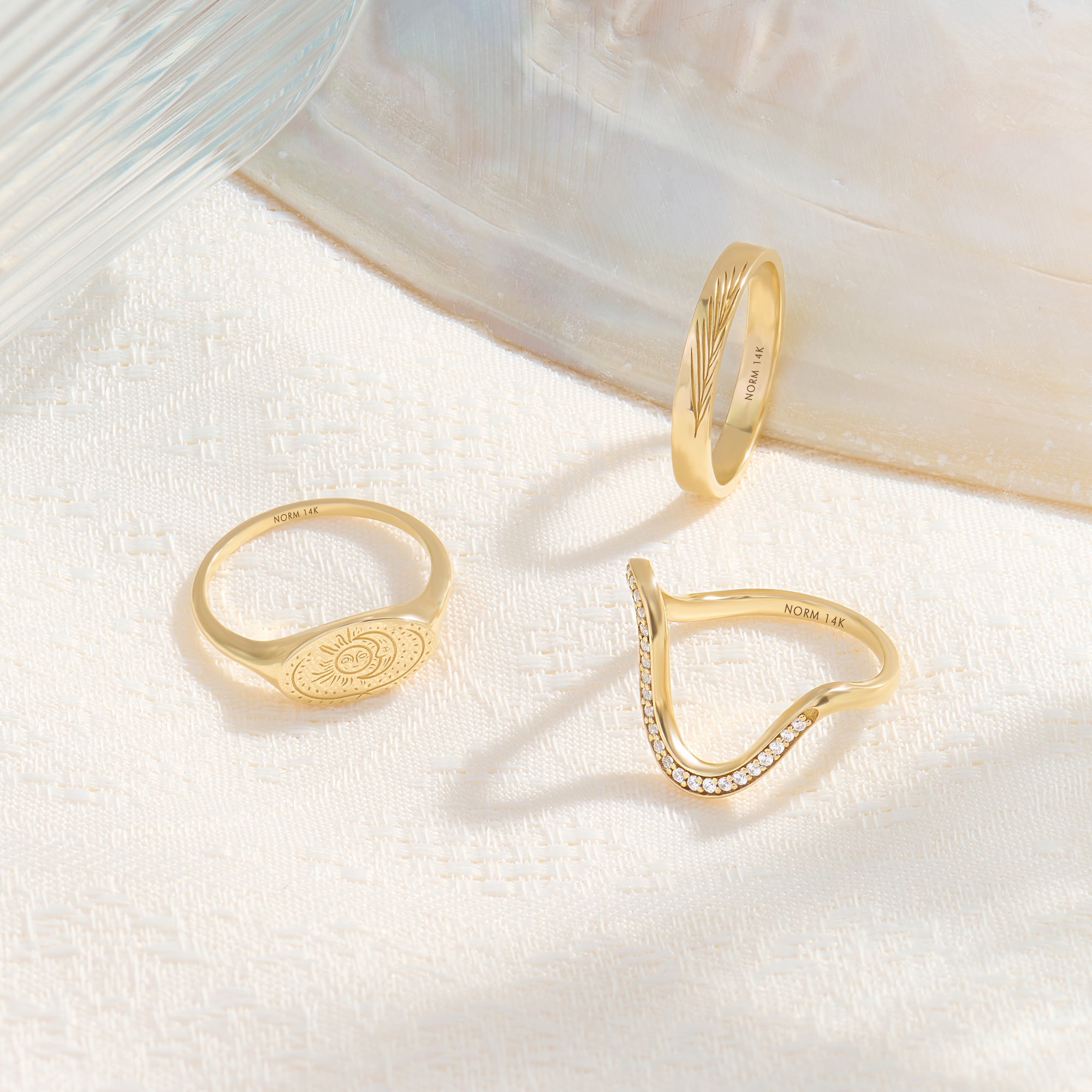 14K Real Gold Sun and Moon Signet Ring