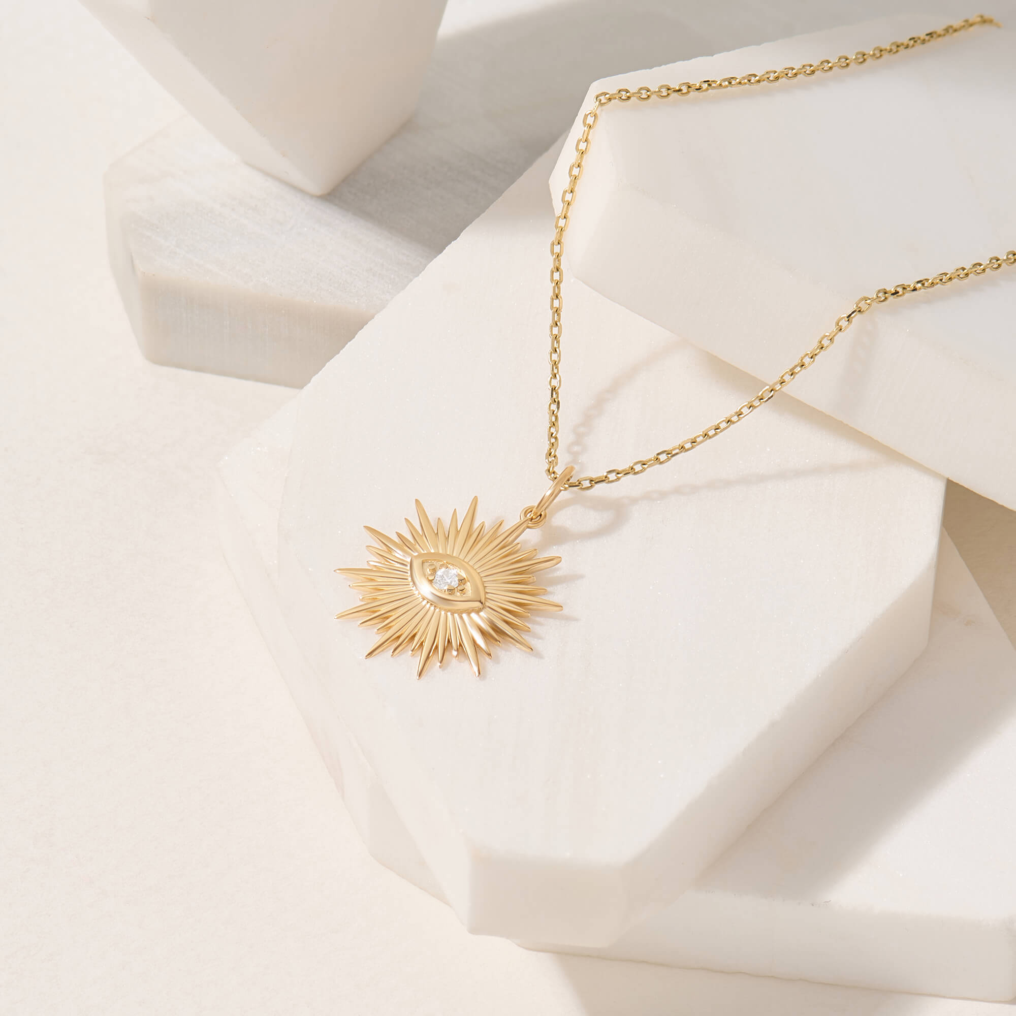 Sunburst Evil Eye Necklace in 14K Real Yellow Gold