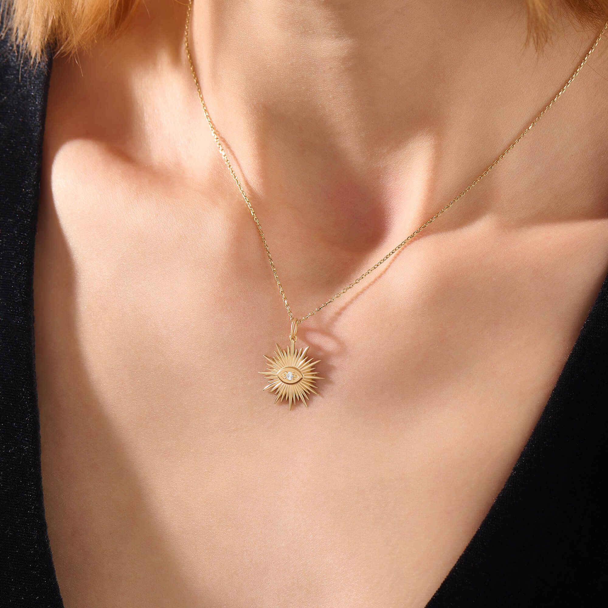 Women's Sunburst Evil Eye Necklace in Solid 14K Yellow Gold