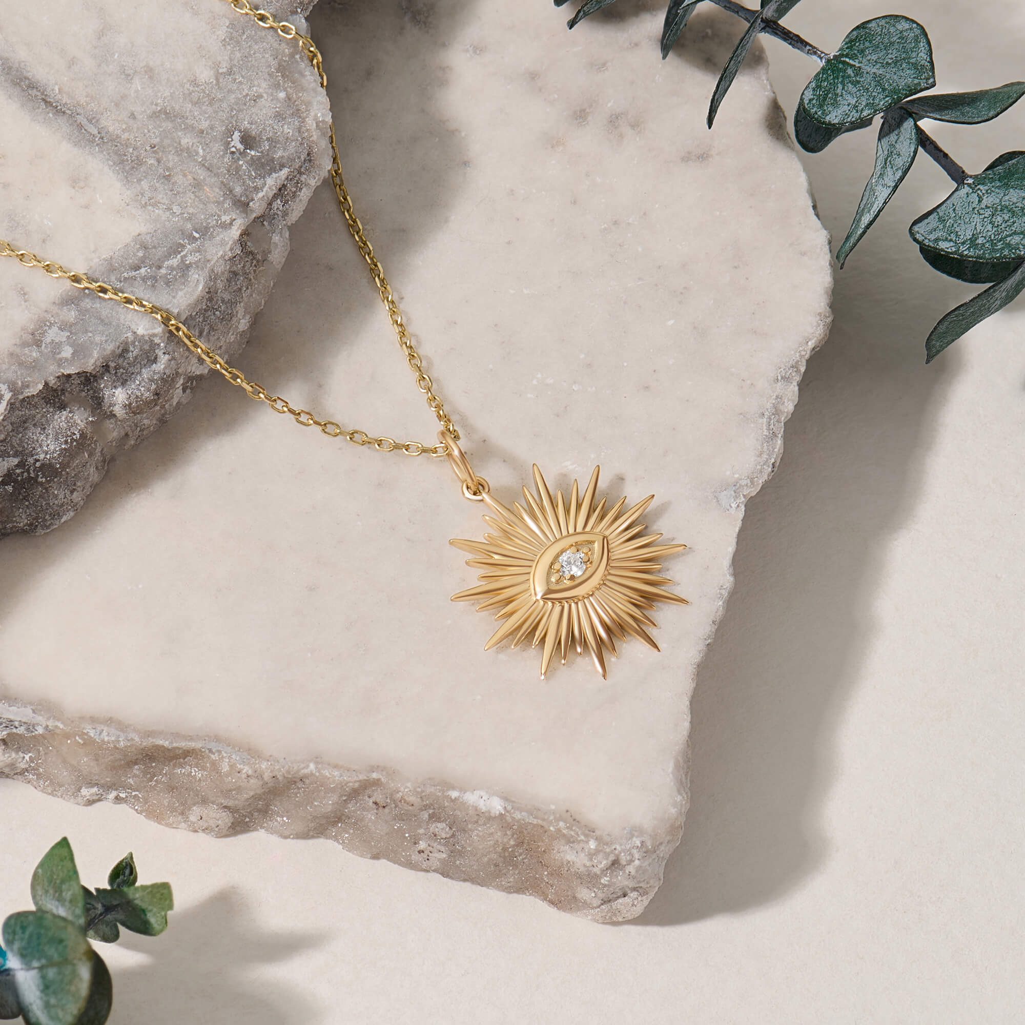 Sunburst Evil Eye Necklace in Real Yellow Gold with CZ