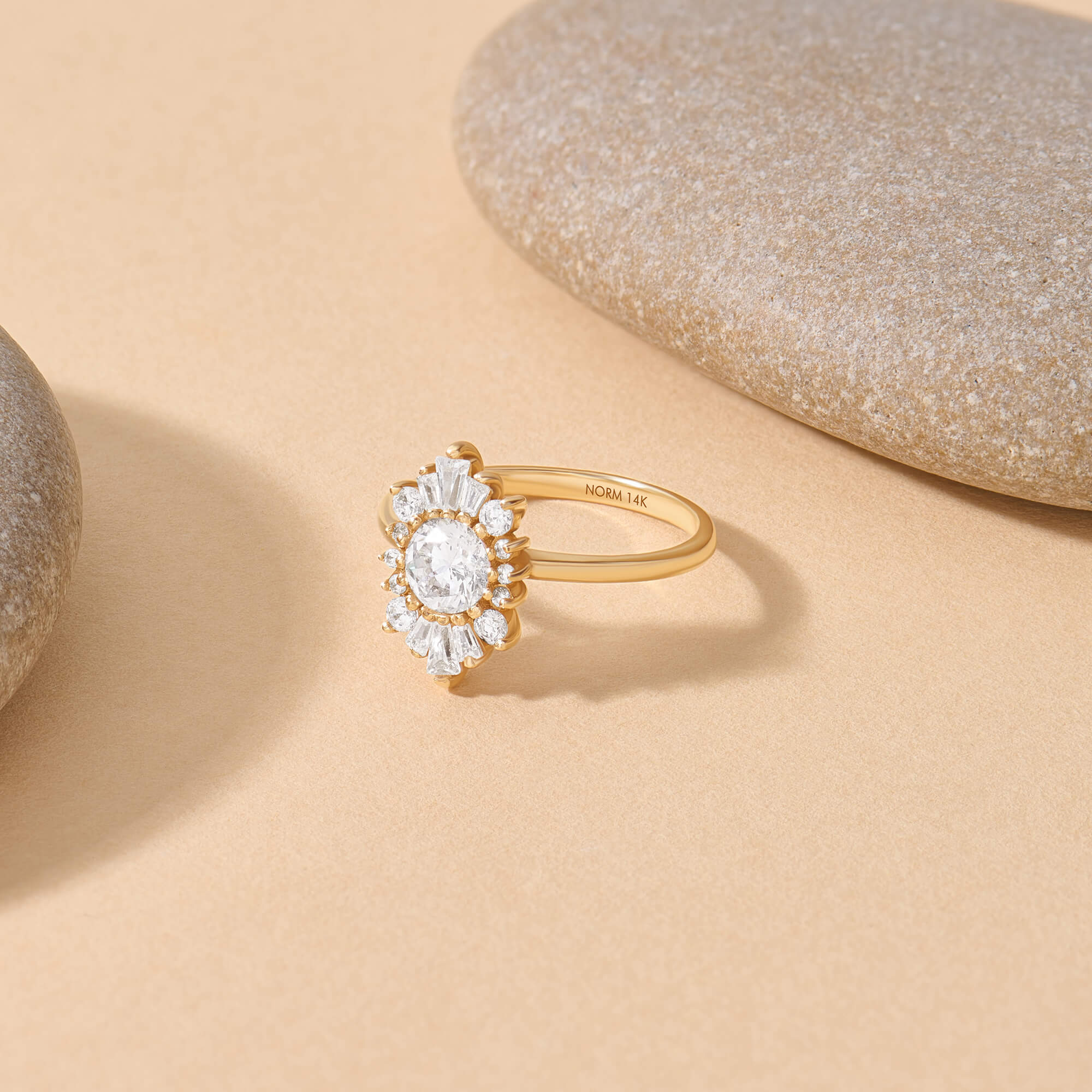 Women's Tapered Sunburst Design Baguette Ring in 14K Real Yellow Gold