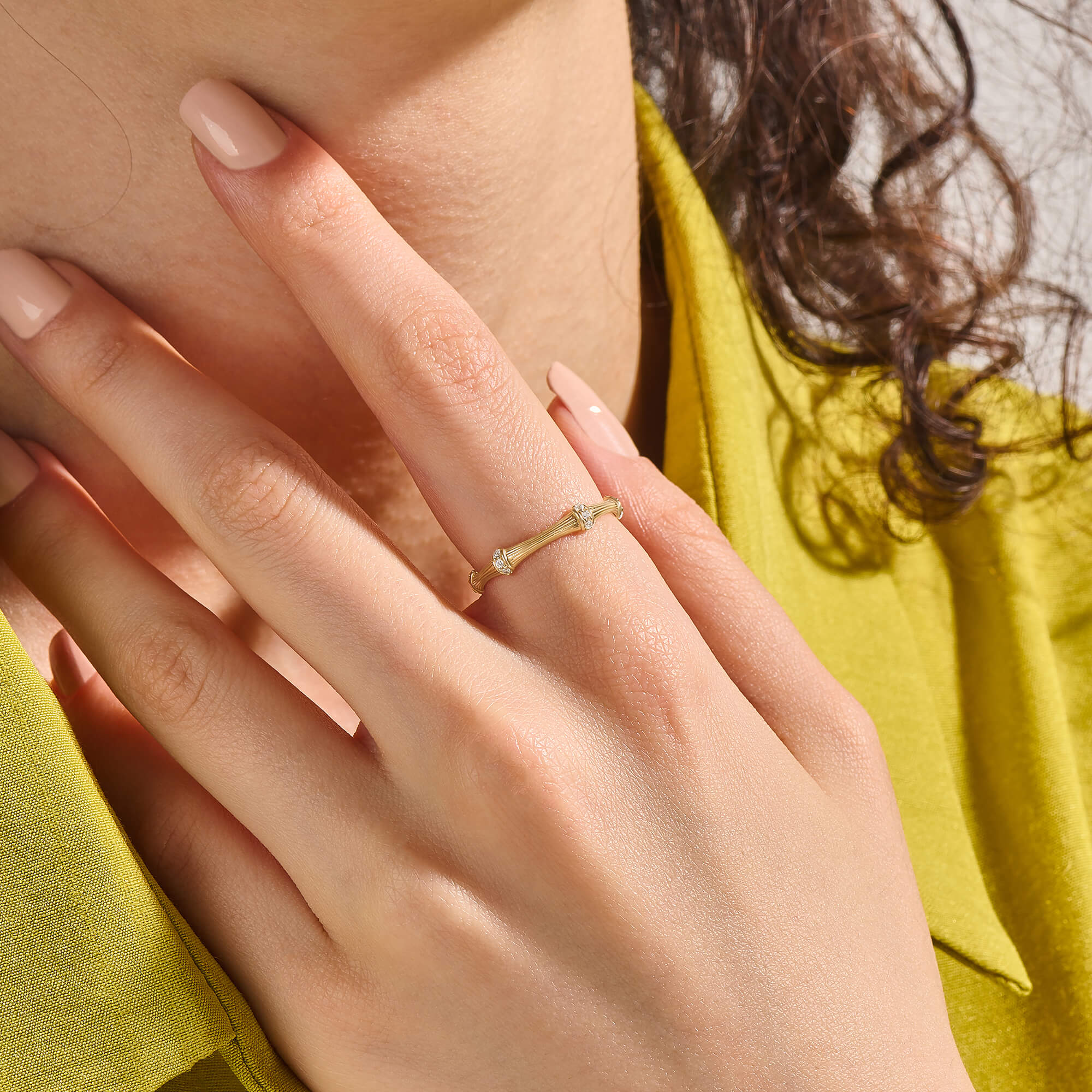 Women's 14K Solid Gold Textured Bamboo Ring