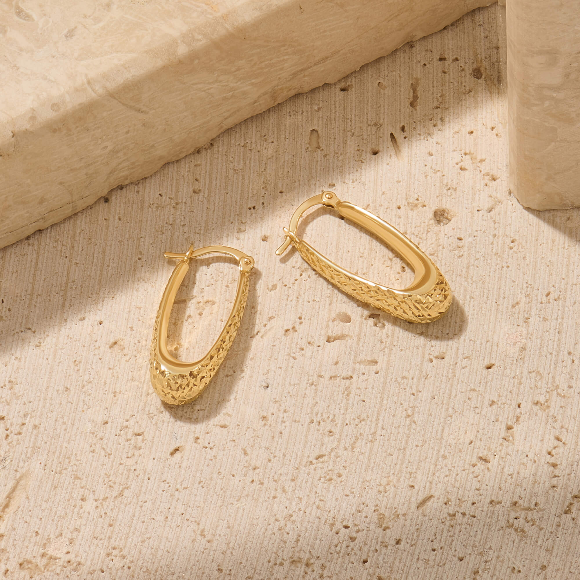 Textured Elongated Hoop Earrings in 14K Solid Gold