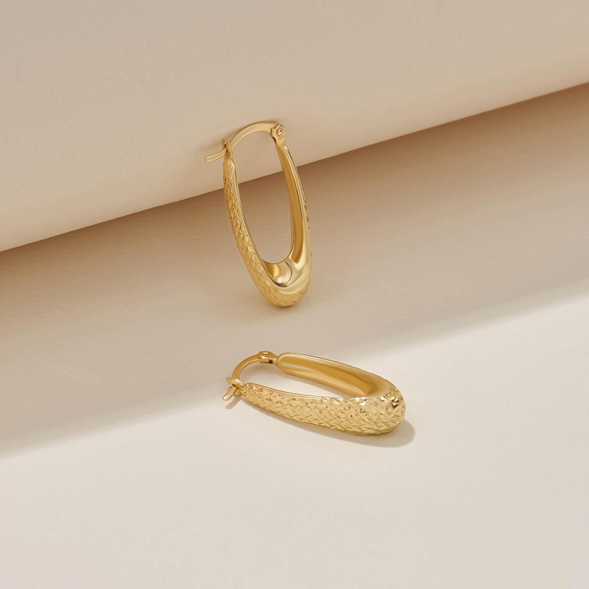 Textured Elongated Hoop Earrings in 14K Real Yellow Gold