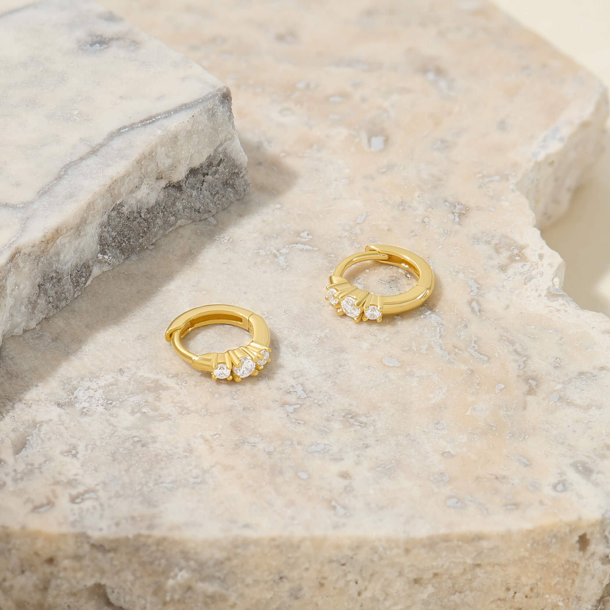 Triple Stone Huggie Earrings in 24K Gold Plated Vermeil on Silver