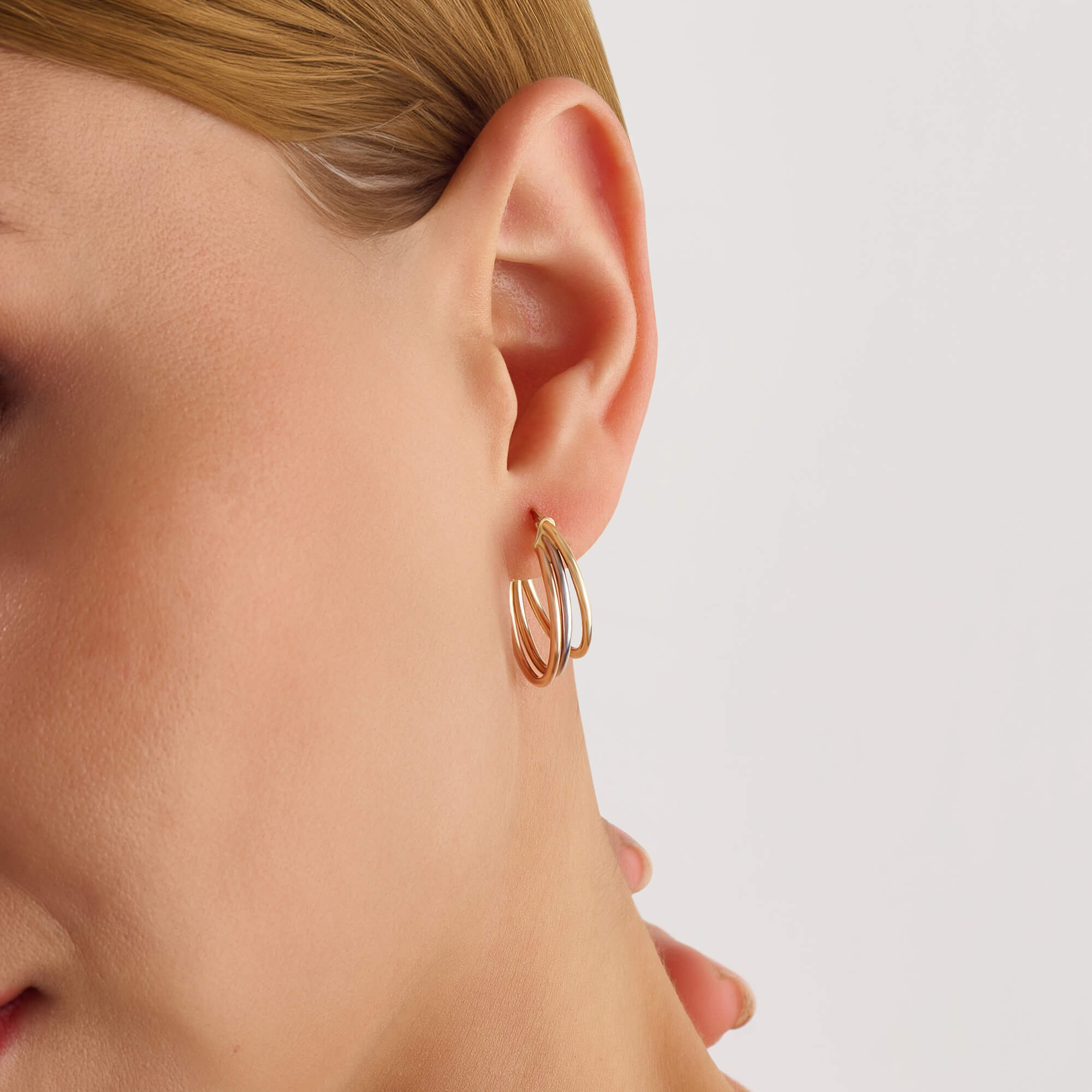 Women's Tri-Tone Hoop Earrings in 14k Real Yellow Gold
