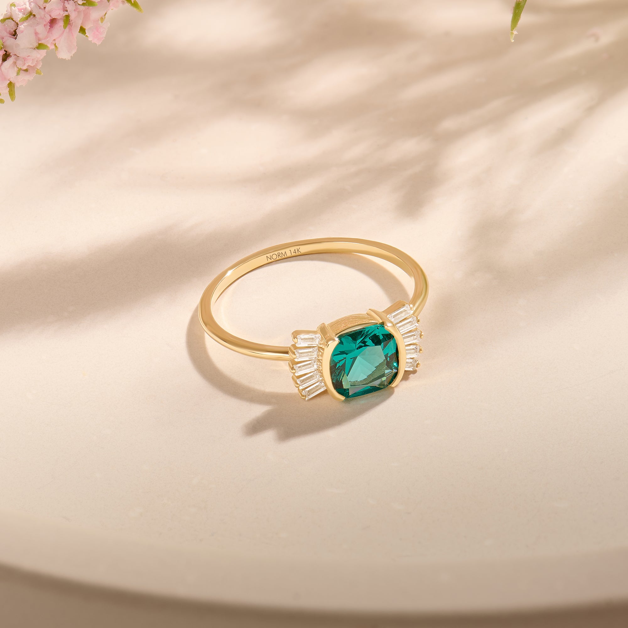 Art-Deco Arctic Green Engagement Ring in 14K Real Gold