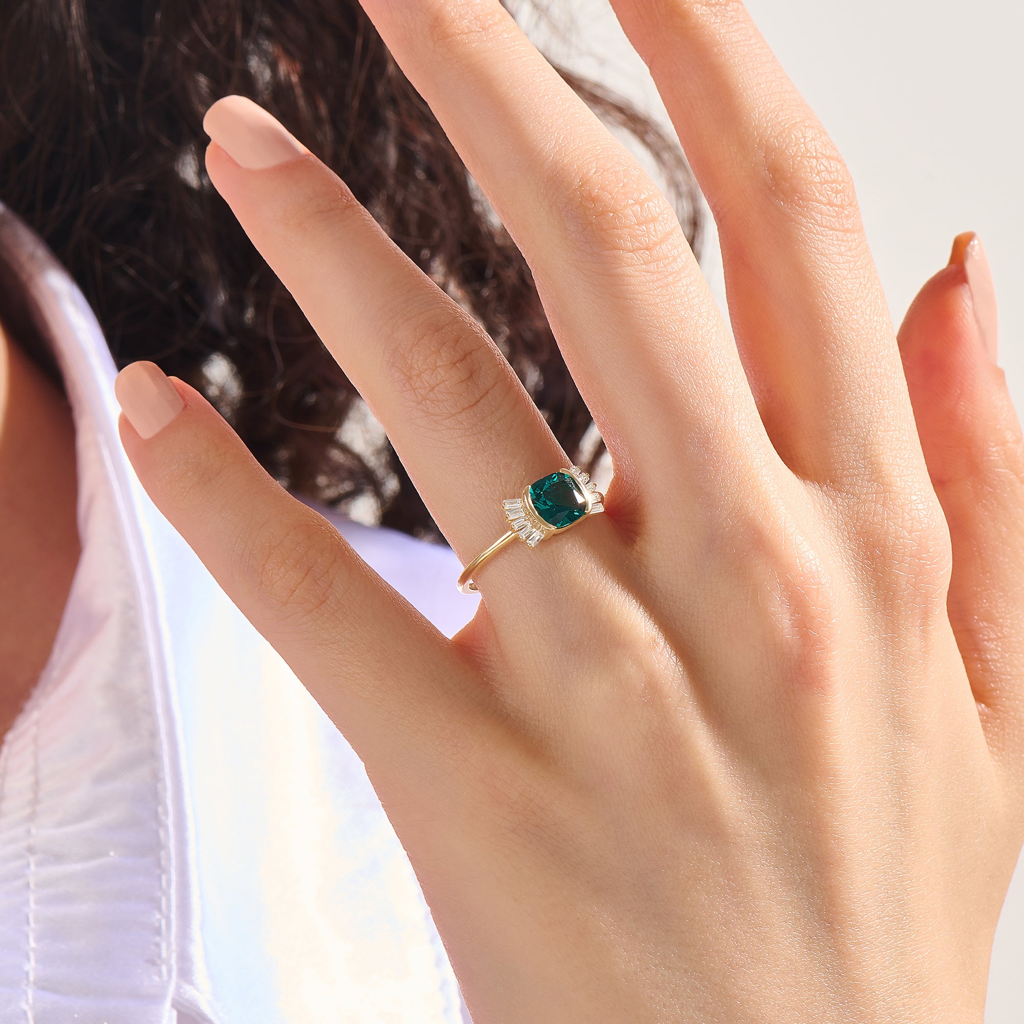 Art-Deco Arctic Green Engagement Ring in 14K Solid Gold
