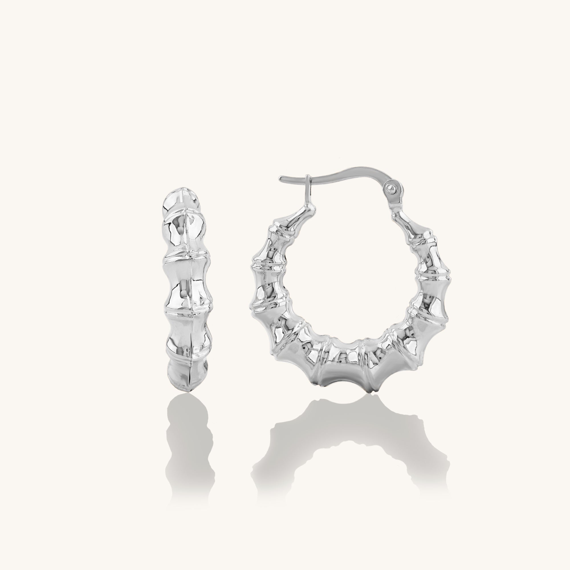 14k White Gold Bamboo Hoop Earrings for Women