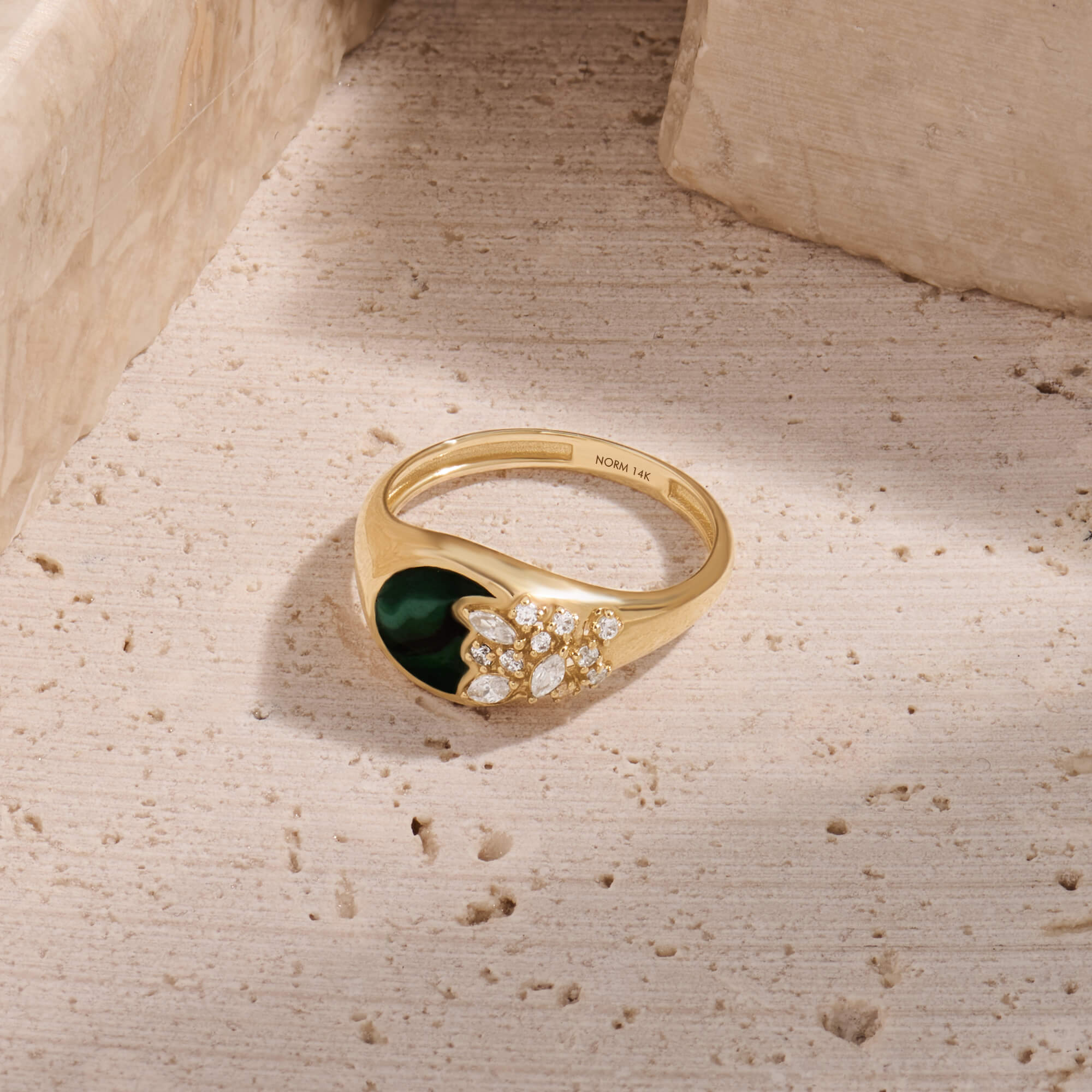 14K Real Gold Green Enamel Flower Pave Signet Ring