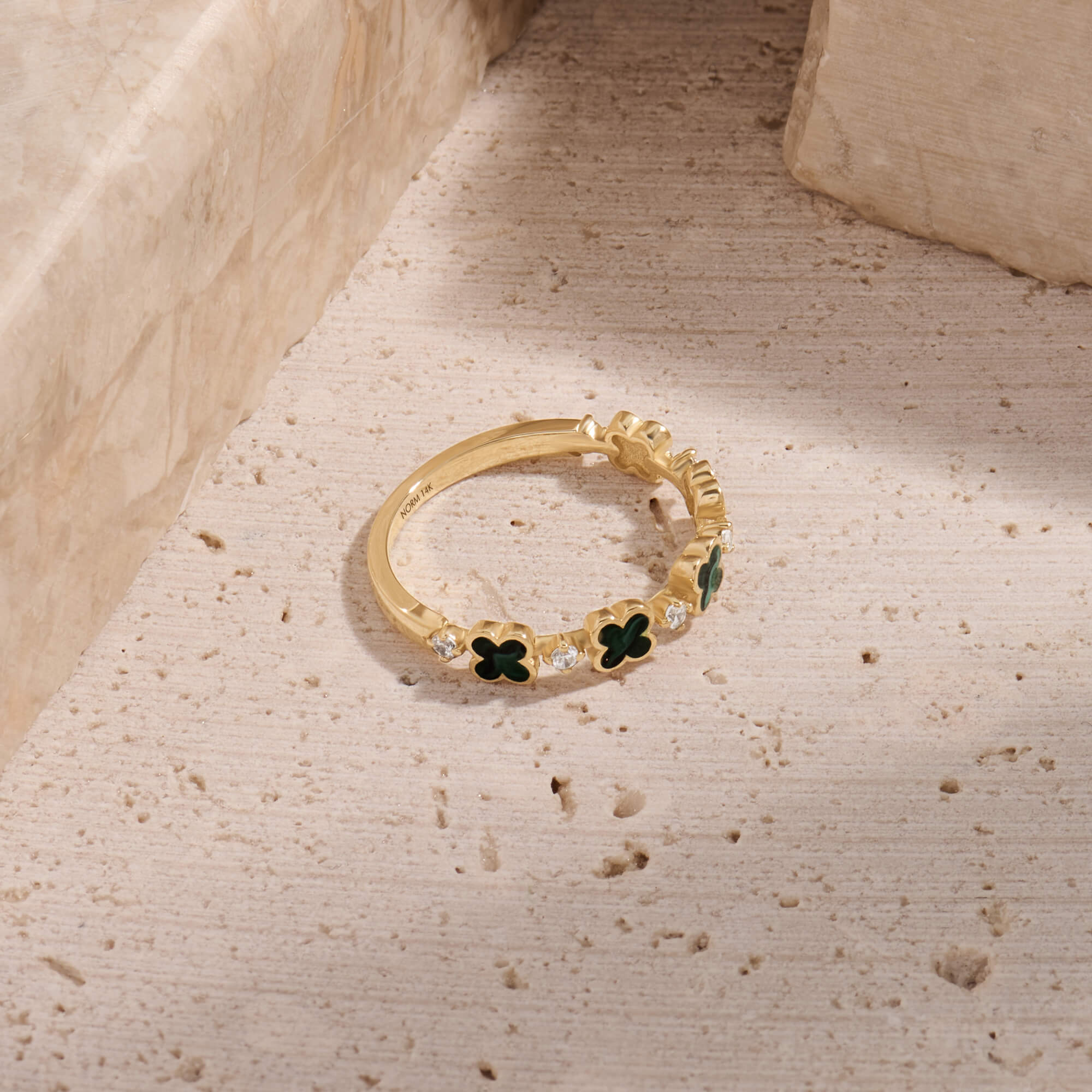 14K Real Gold Green Enamel Shamrock Pave Band Ring
