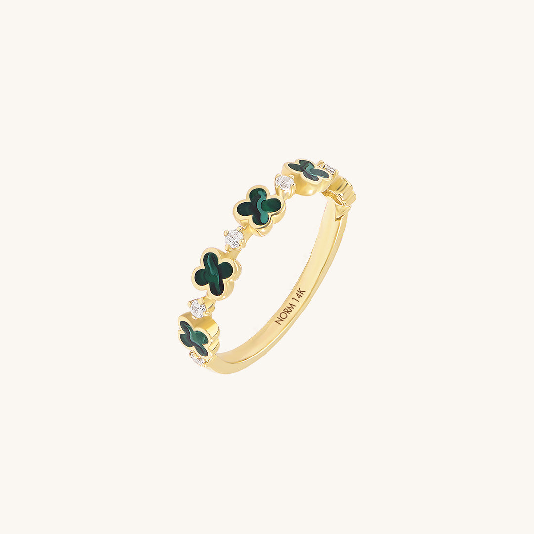 14K Real Yellow Gold Green Enamel Shamrock Pave Band Ring