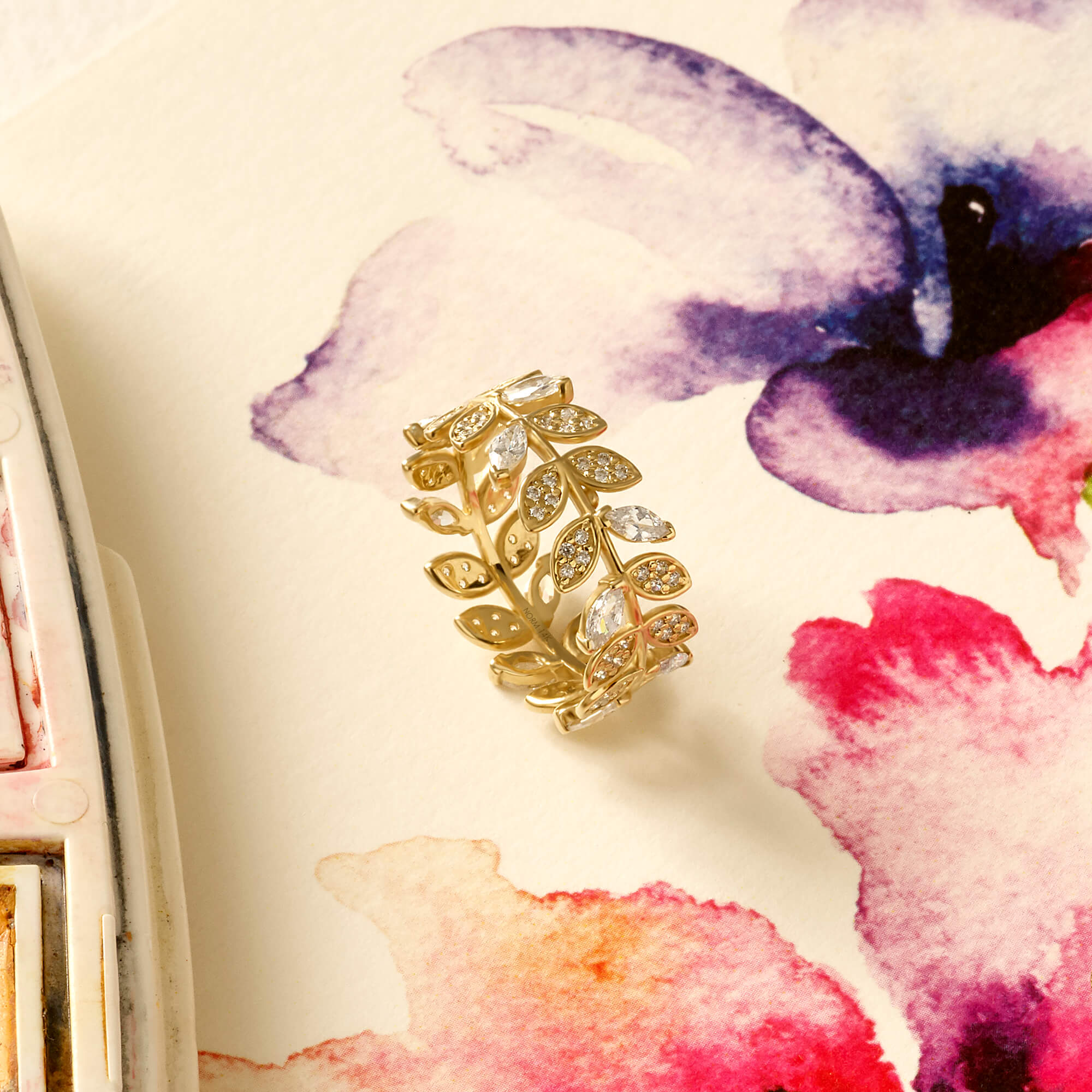 14k Solid Gold Leaf Band Ring