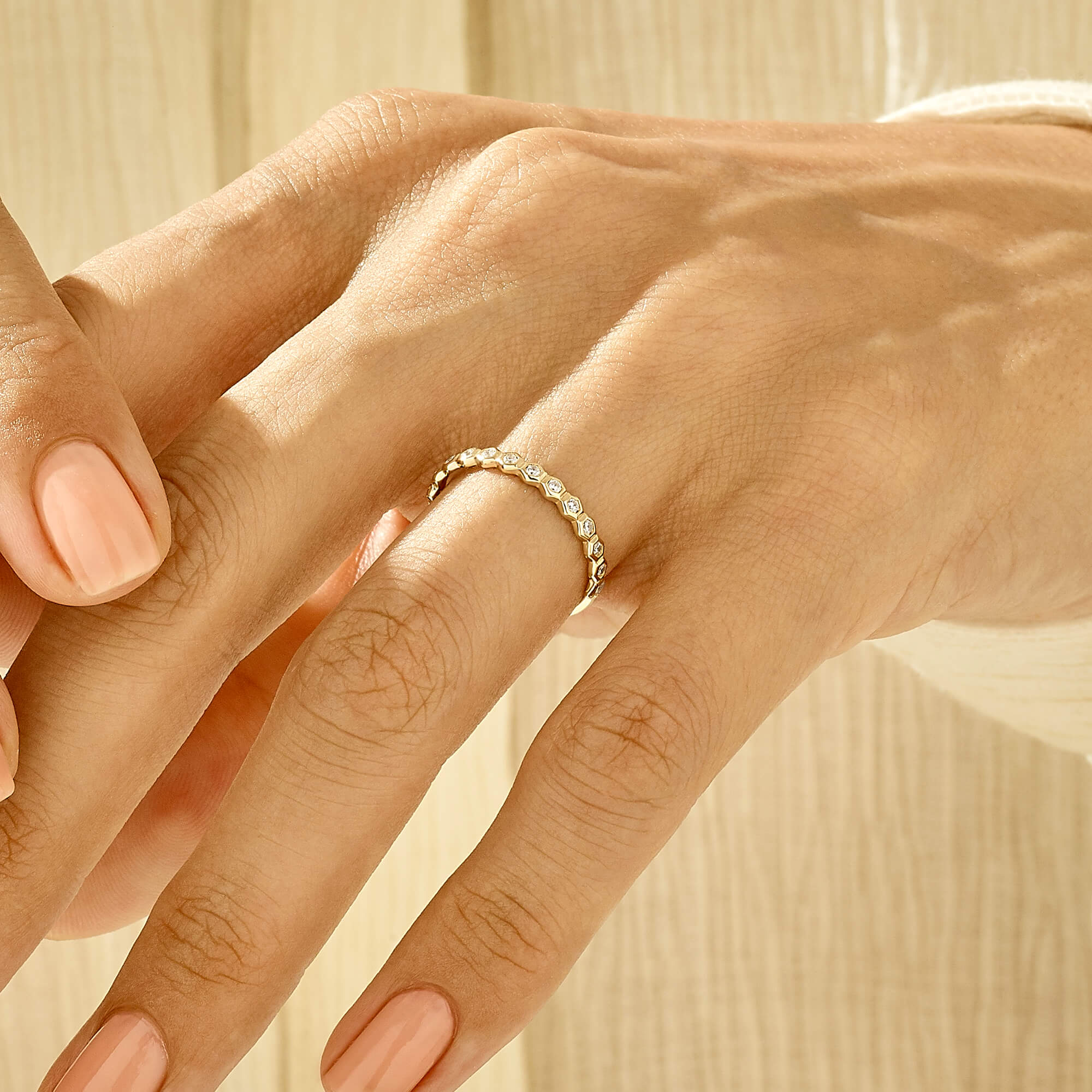 Bezel CZ Pave Band Ring in 14k Solid Yellow Gold