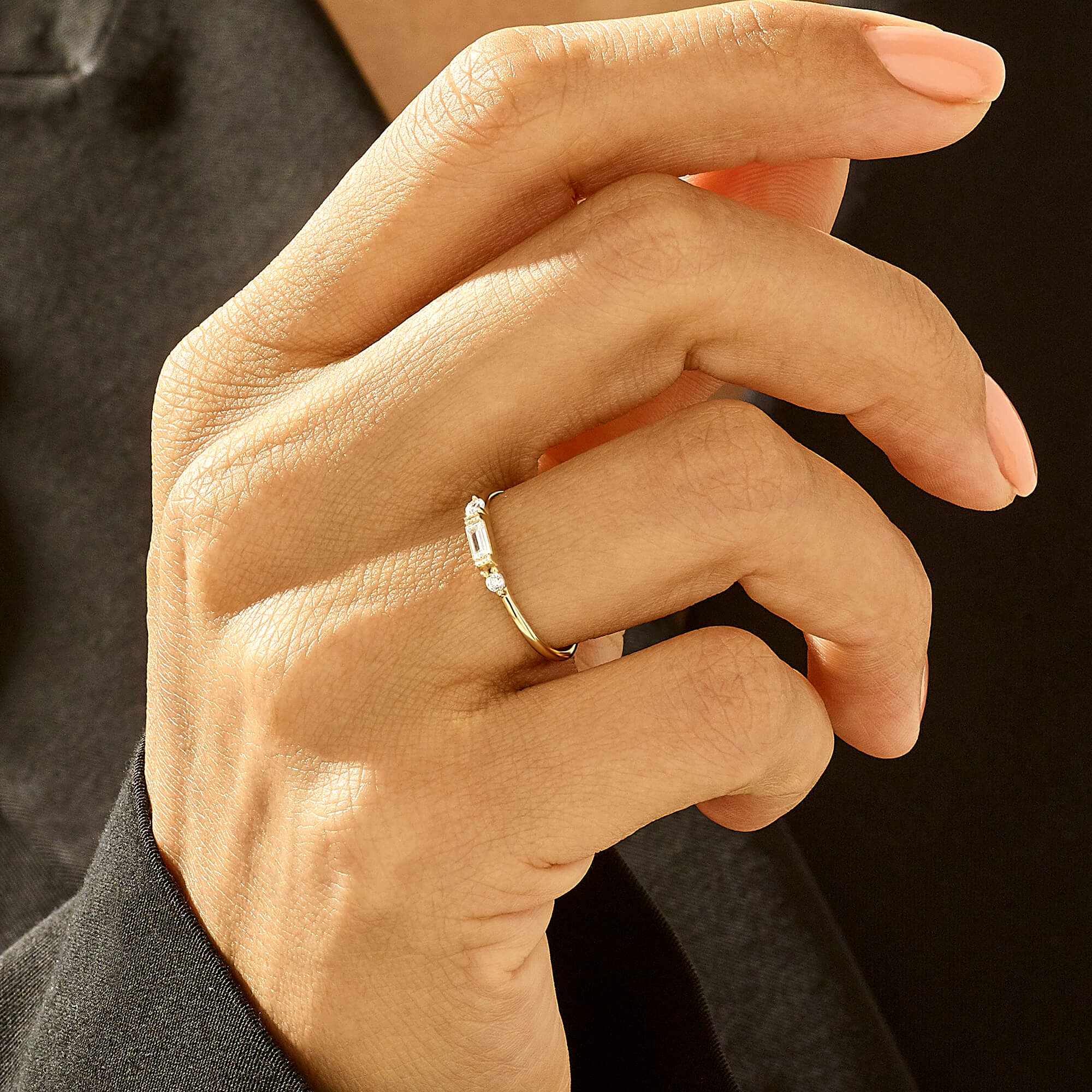 Band Ring with Baguette Cut White CZ Stone in Gold