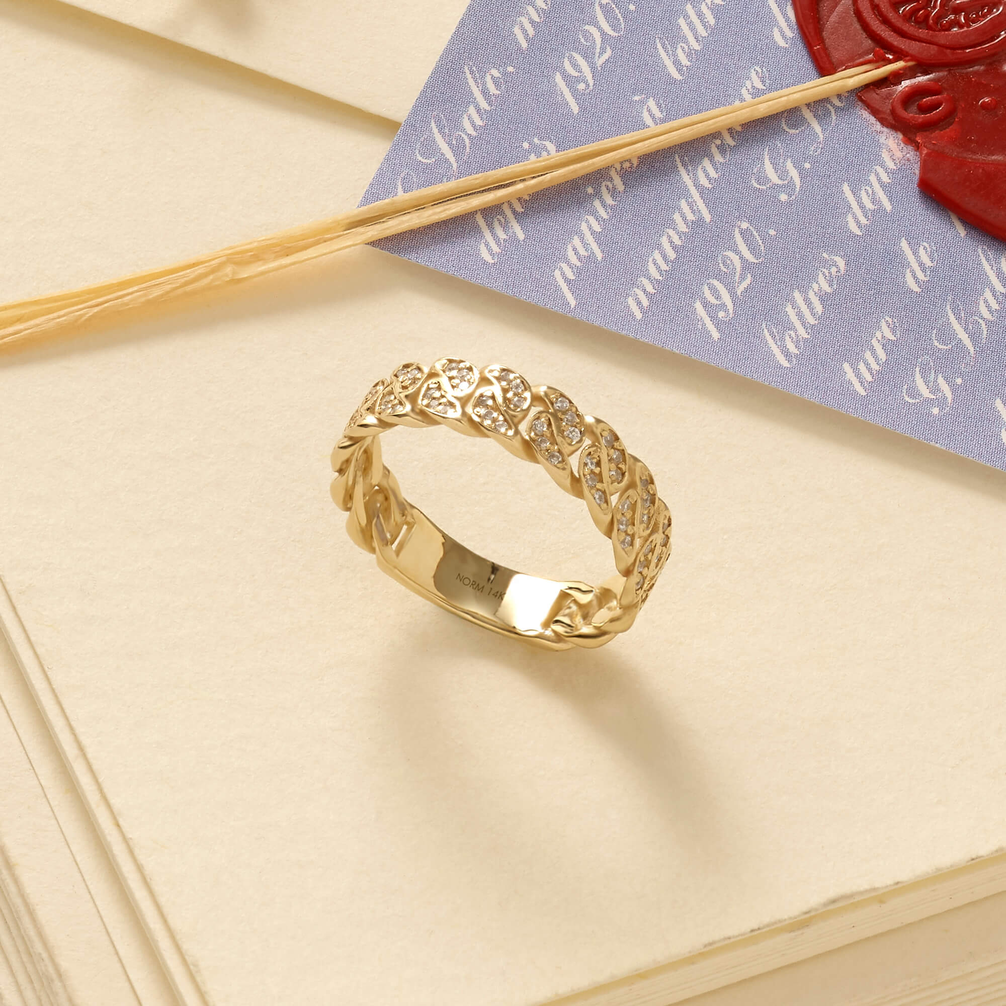 14k Real Gold Bold Cuban Links Chain Ring Paved with White CZ