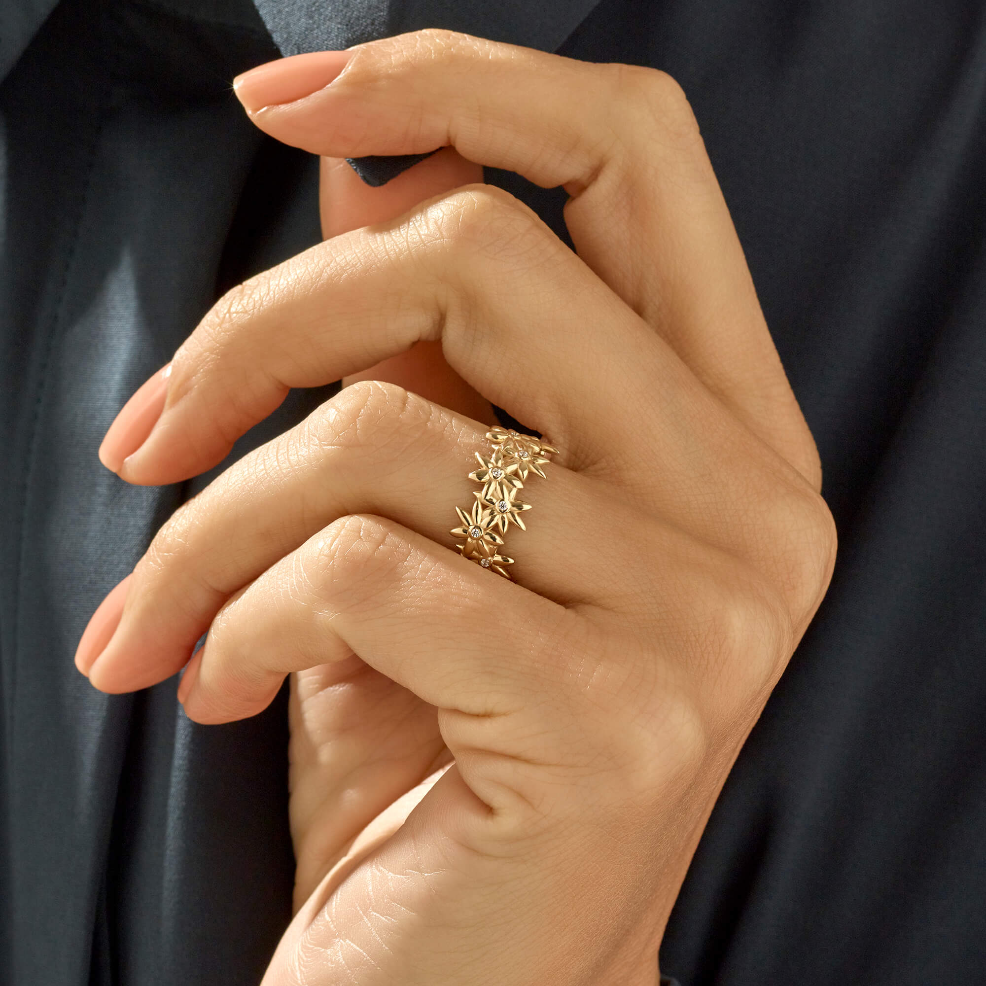 Bold Flower Statement Band Ring in 14k Solid Yellow Gold