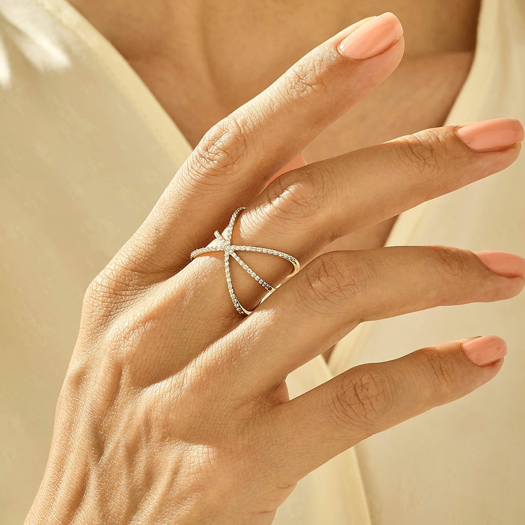 Bold Crossover Ring Paved with CZ in 14k Real Yellow Gold