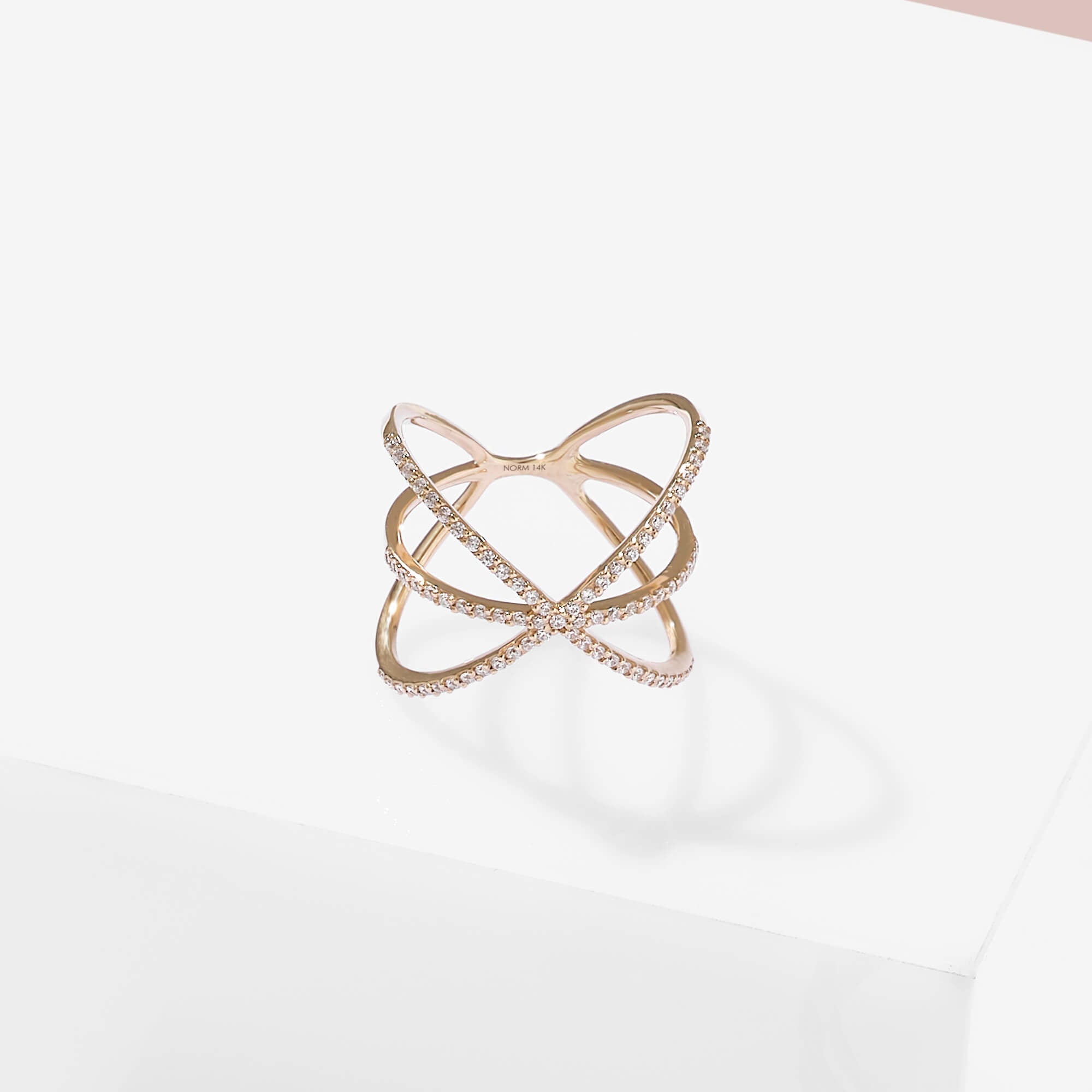 Bold Crossover Ring with White CZ Stones in 14k Solid Gold