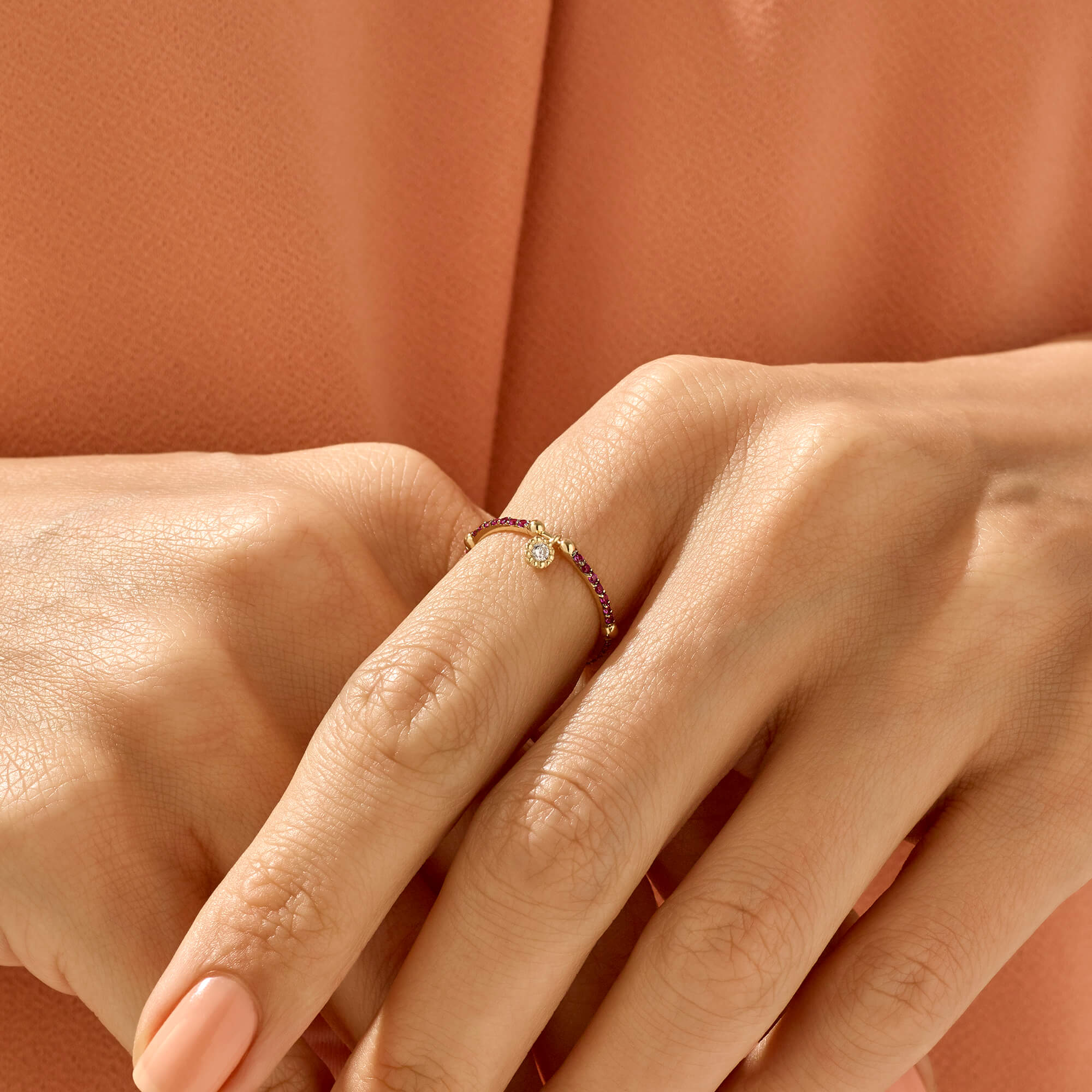 14k Real Gold Eternity Band Ring with Red and White CZ Stones