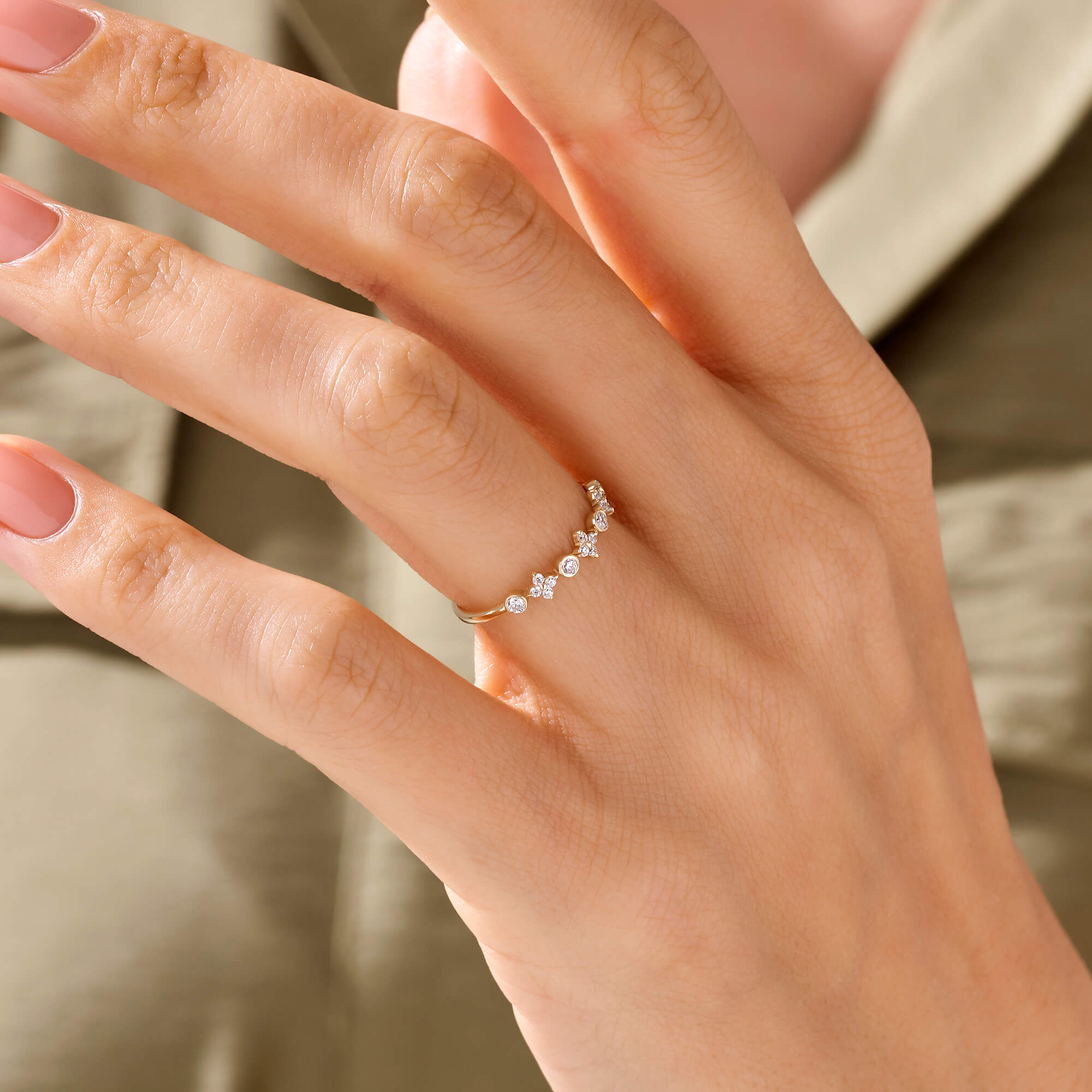 Cross Band Ring Paved with White Cubic Zirconia in 14k Real Yellow Gold