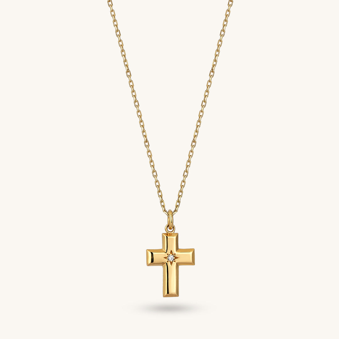 14k Solid Yellow Gold Cross Pendant Necklace for Women