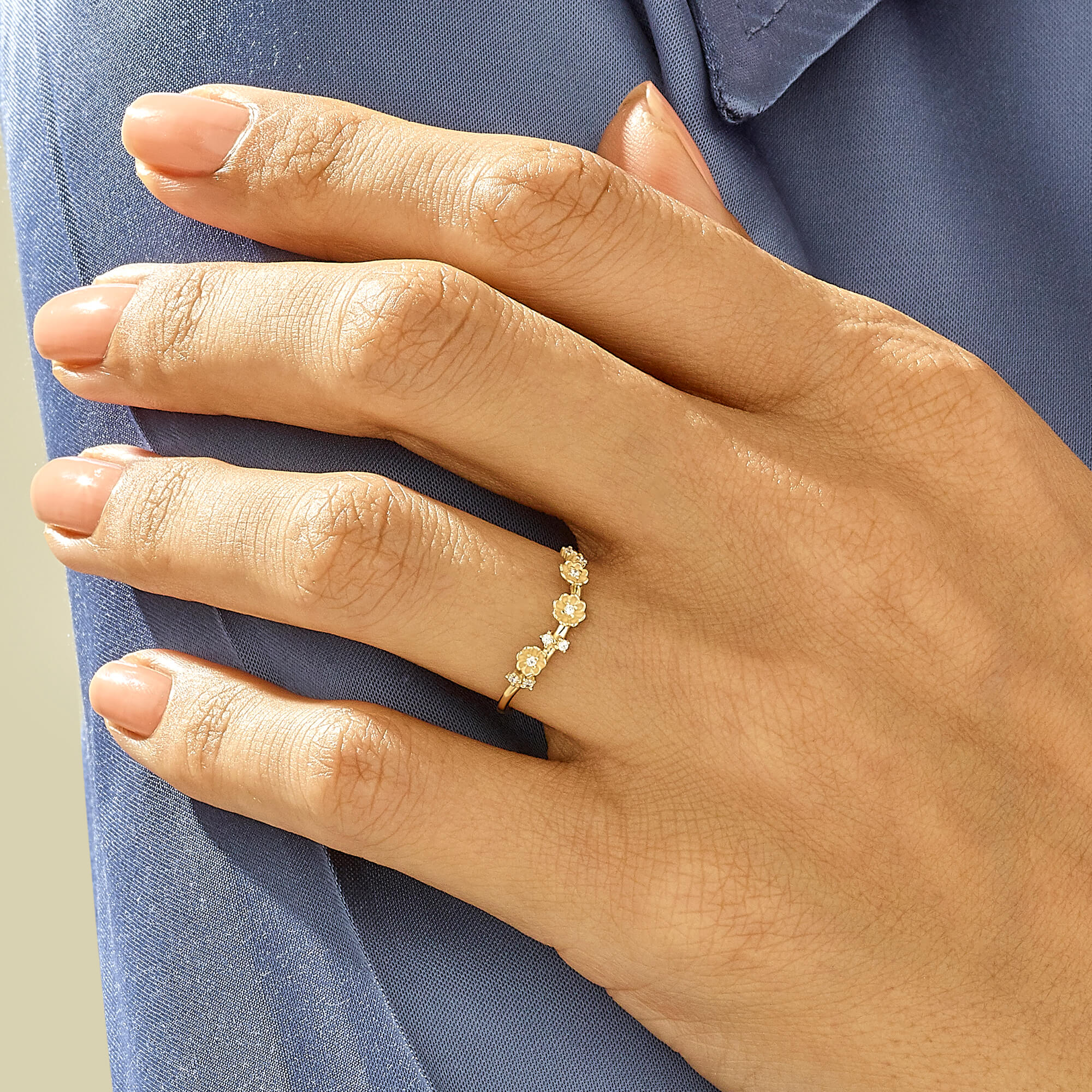 14k Solid Gold Stackable Flower Curved Ring