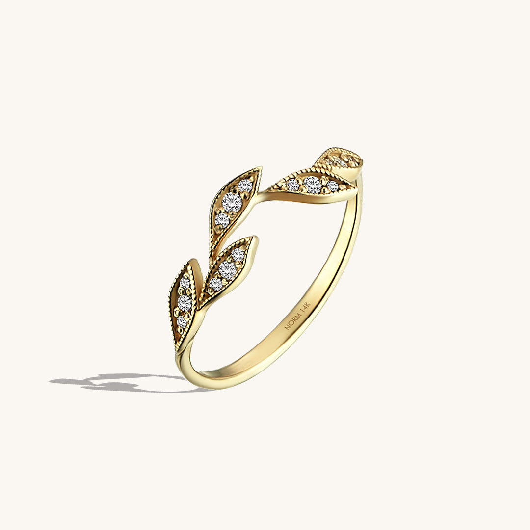 Iconic Leaf Ring Decorated with CZ Diamonds in 14k Real Gold ...