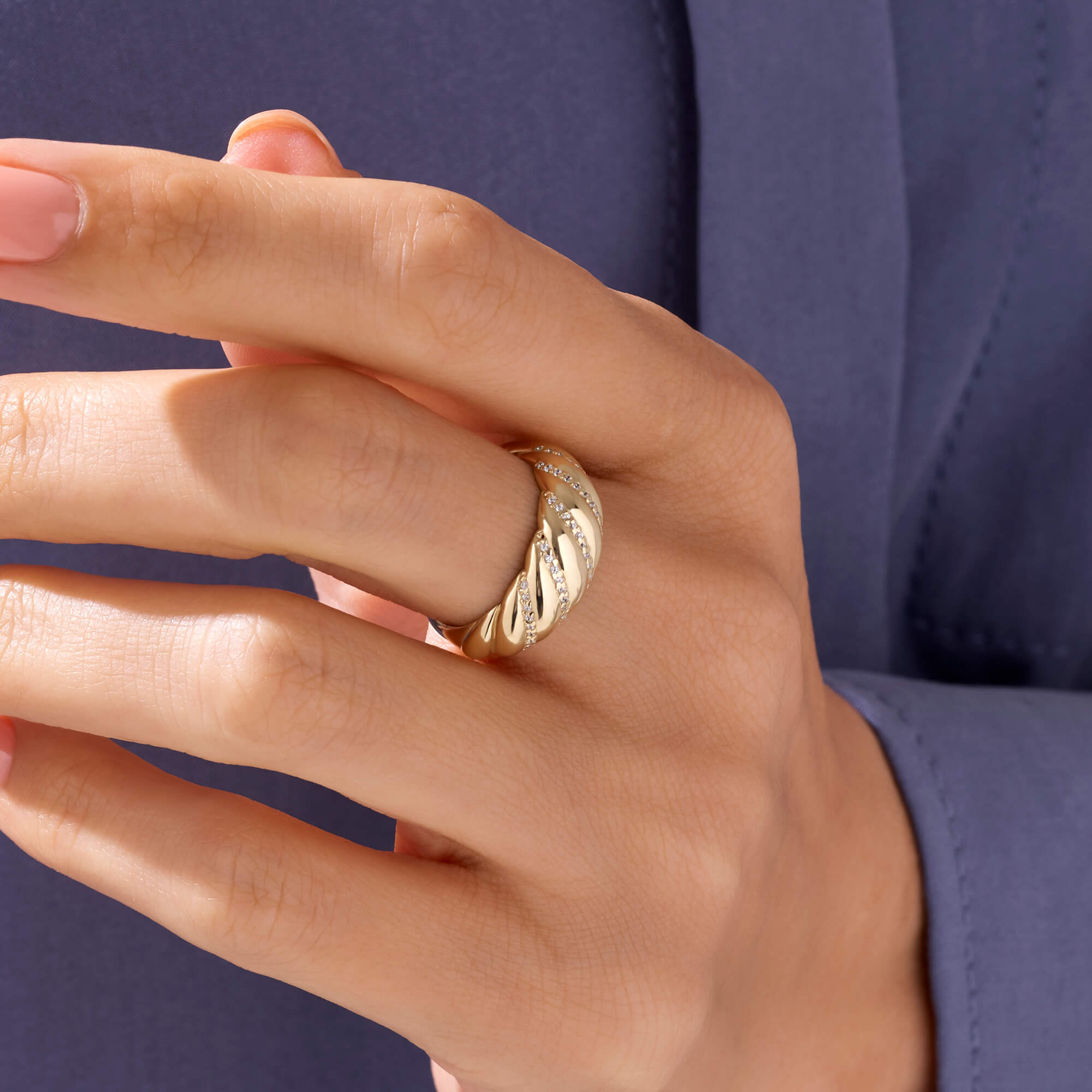 Iconic Pave CZ Croissant Ring in 14k Solid Yellow Gold